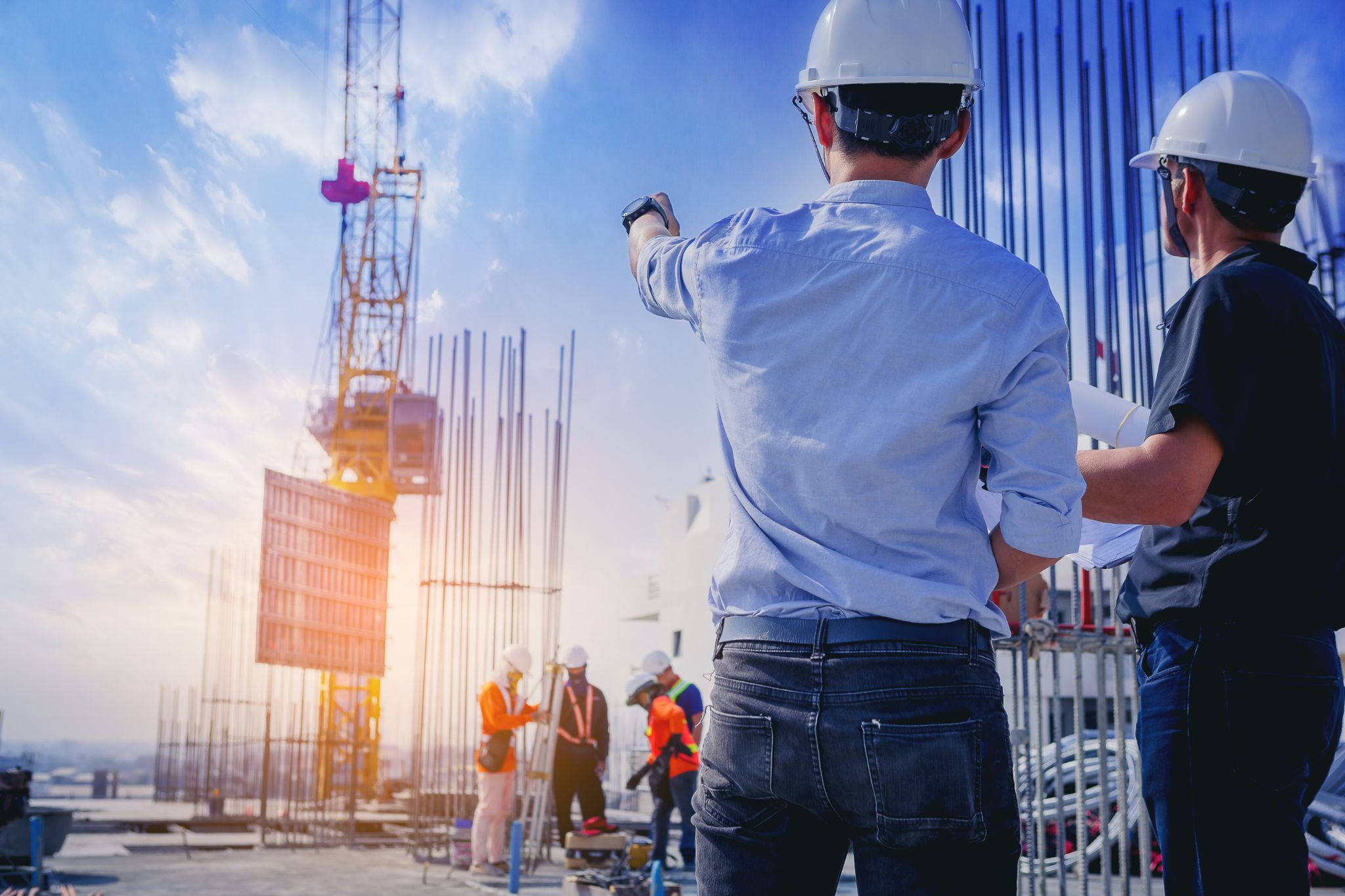 hard hats, blueprints, rooftop site, Full HD Desktop Wallpaper