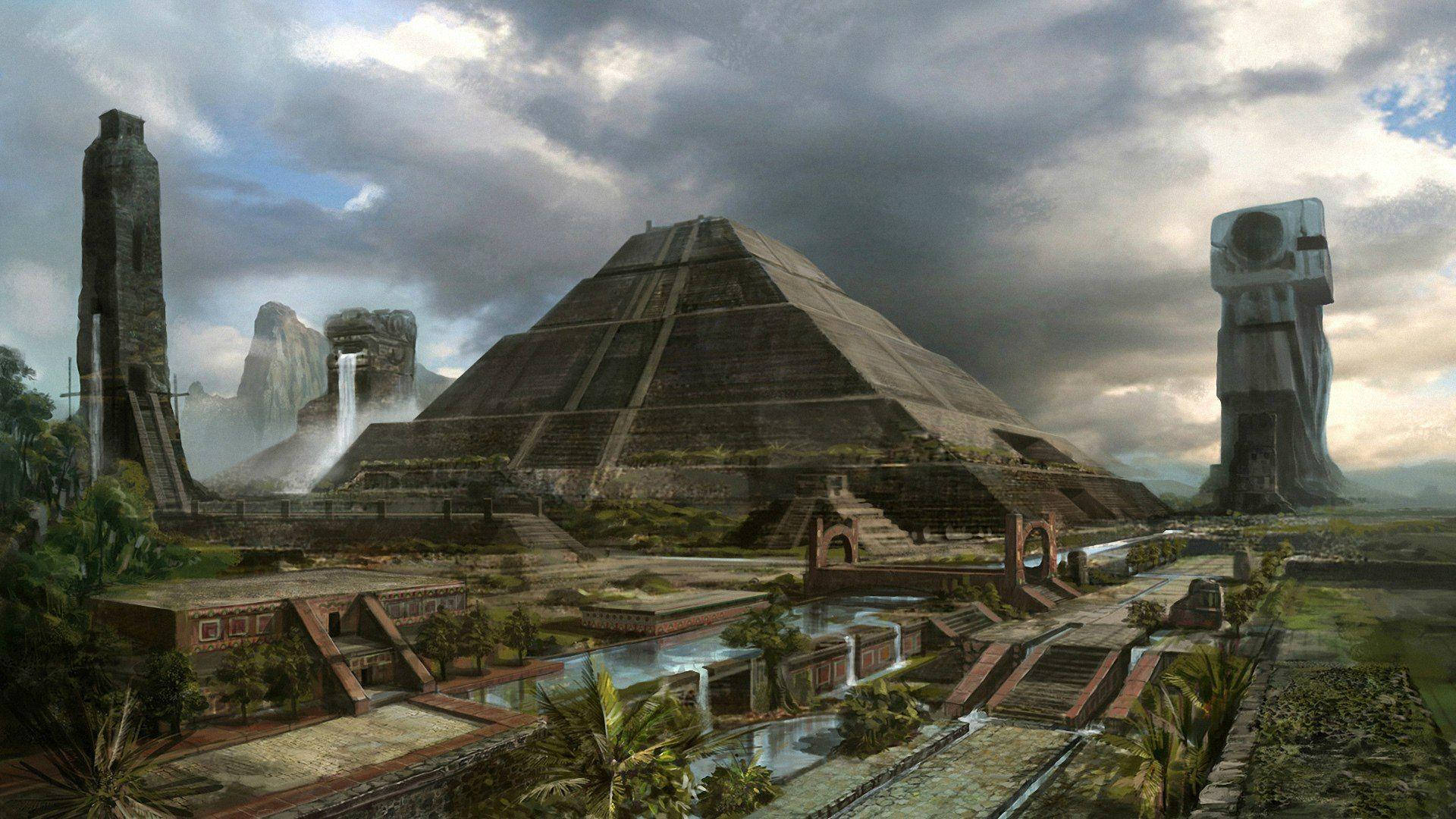 pyramid, water channels, stone structures, Full HD Desktop Wallpaper
