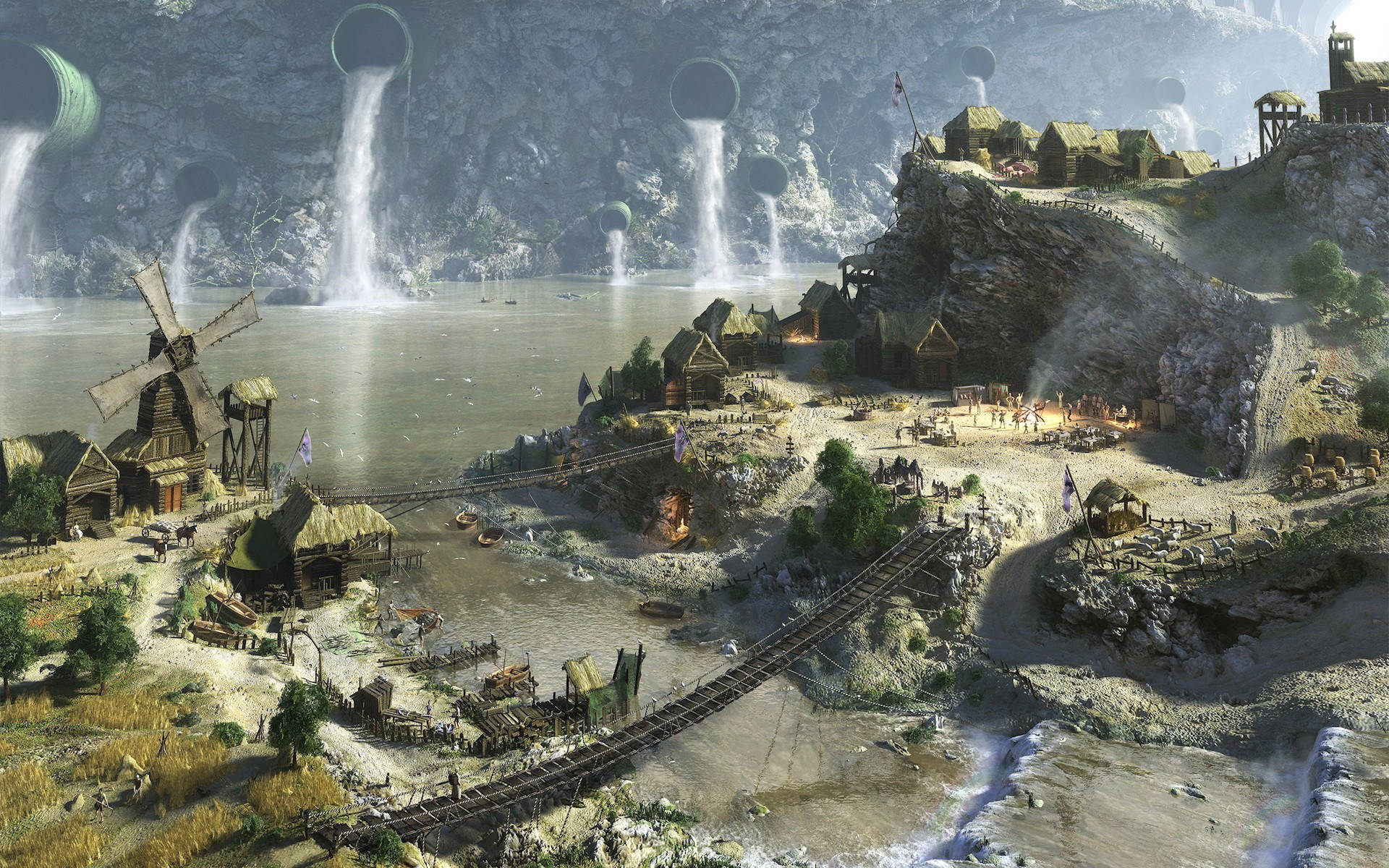 Civilization 5, hanging bridge, river, Full HD Desktop Wallpaper
