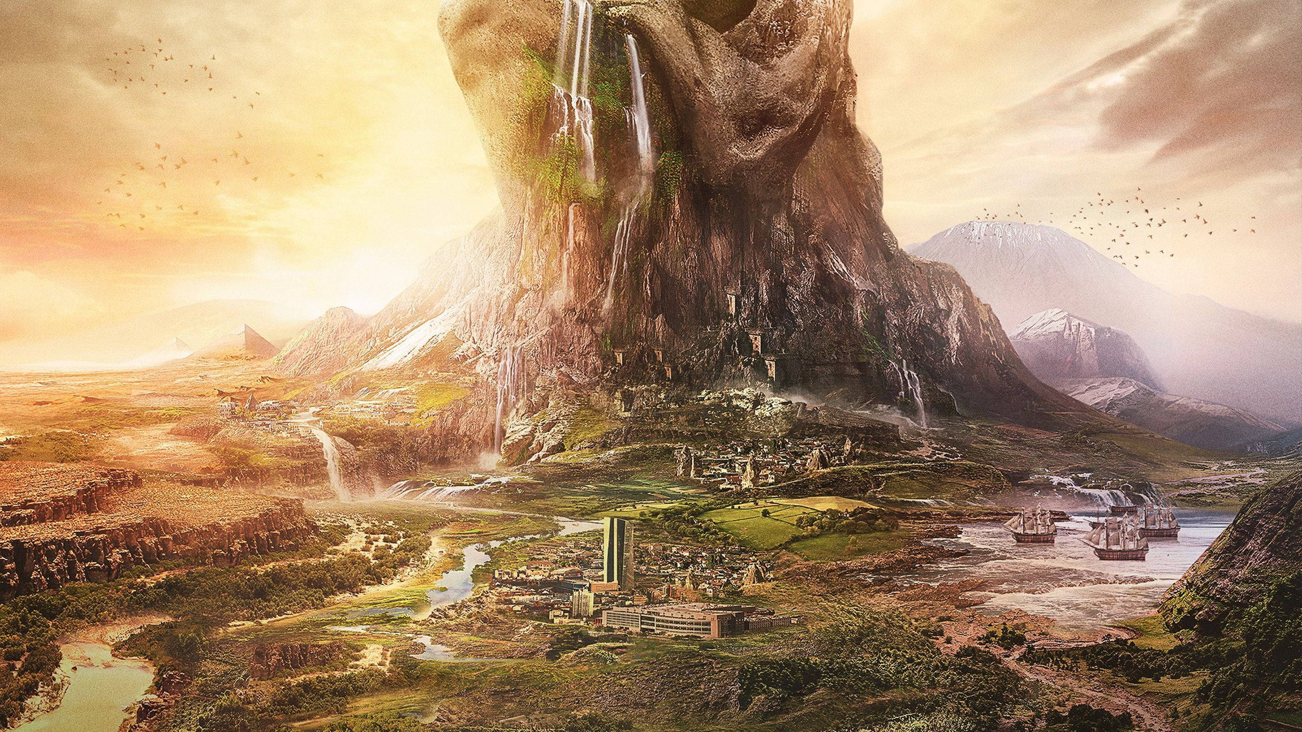 Civilization 5, floating mountain, cascading waterfalls, 2K Desktop Wallpaper