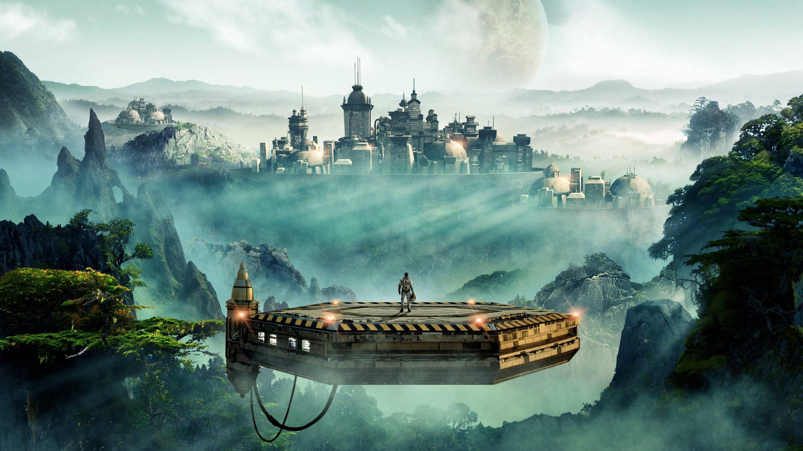 Civilization, floating platform, misty mountains, 2K Desktop Wallpaper