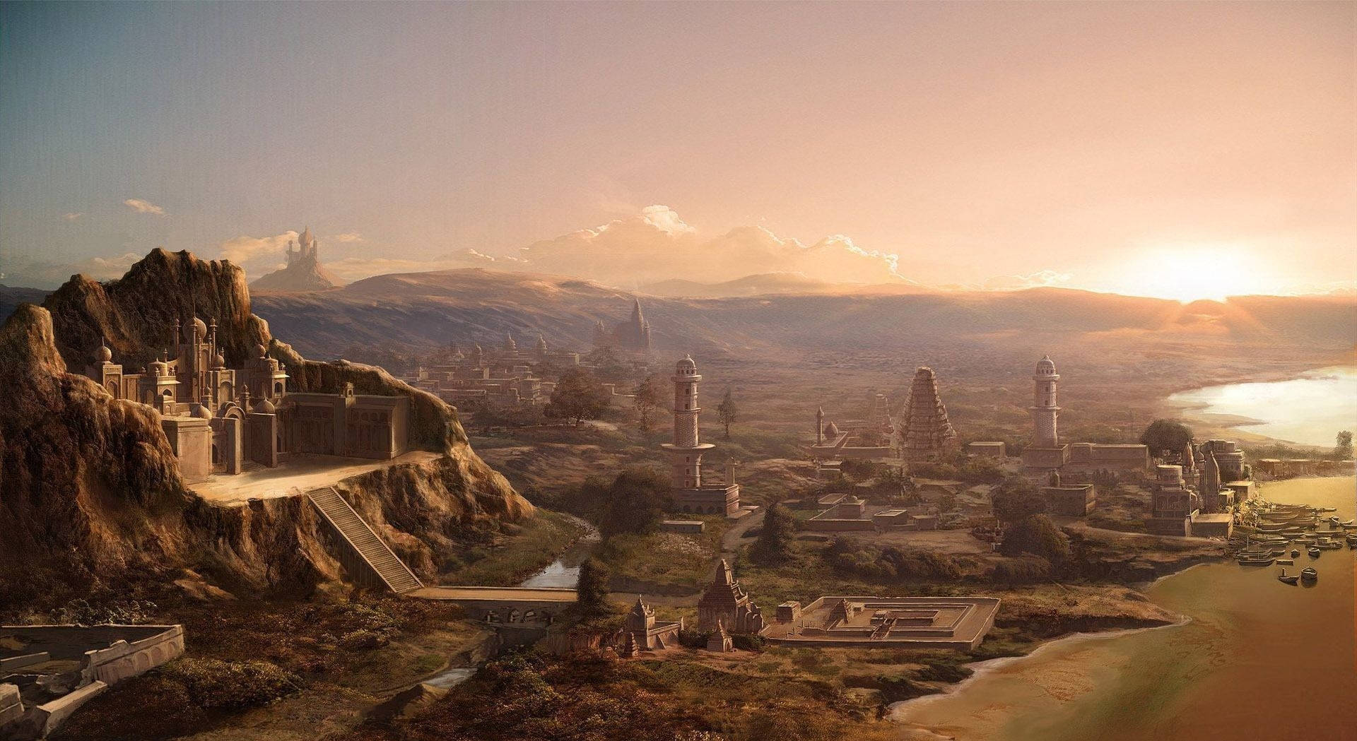 Civilization, golden-hued valleys, sunset, Full HD Desktop Wallpaper