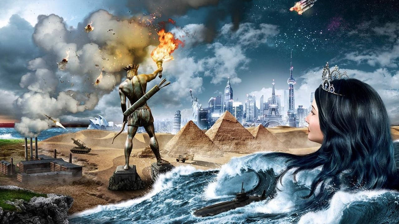 Civilization, mermaid, surreal collage of global landmarks, HD Desktop Wallpaper
