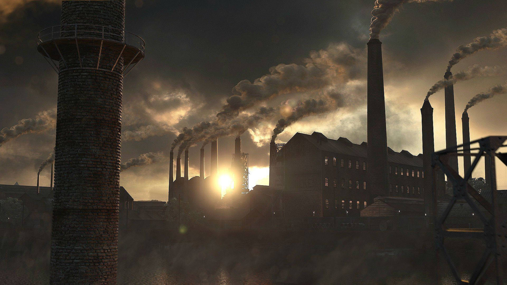 Civilization, glowing sunset sky, industrial smokestacks, Full HD Desktop Wallpaper
