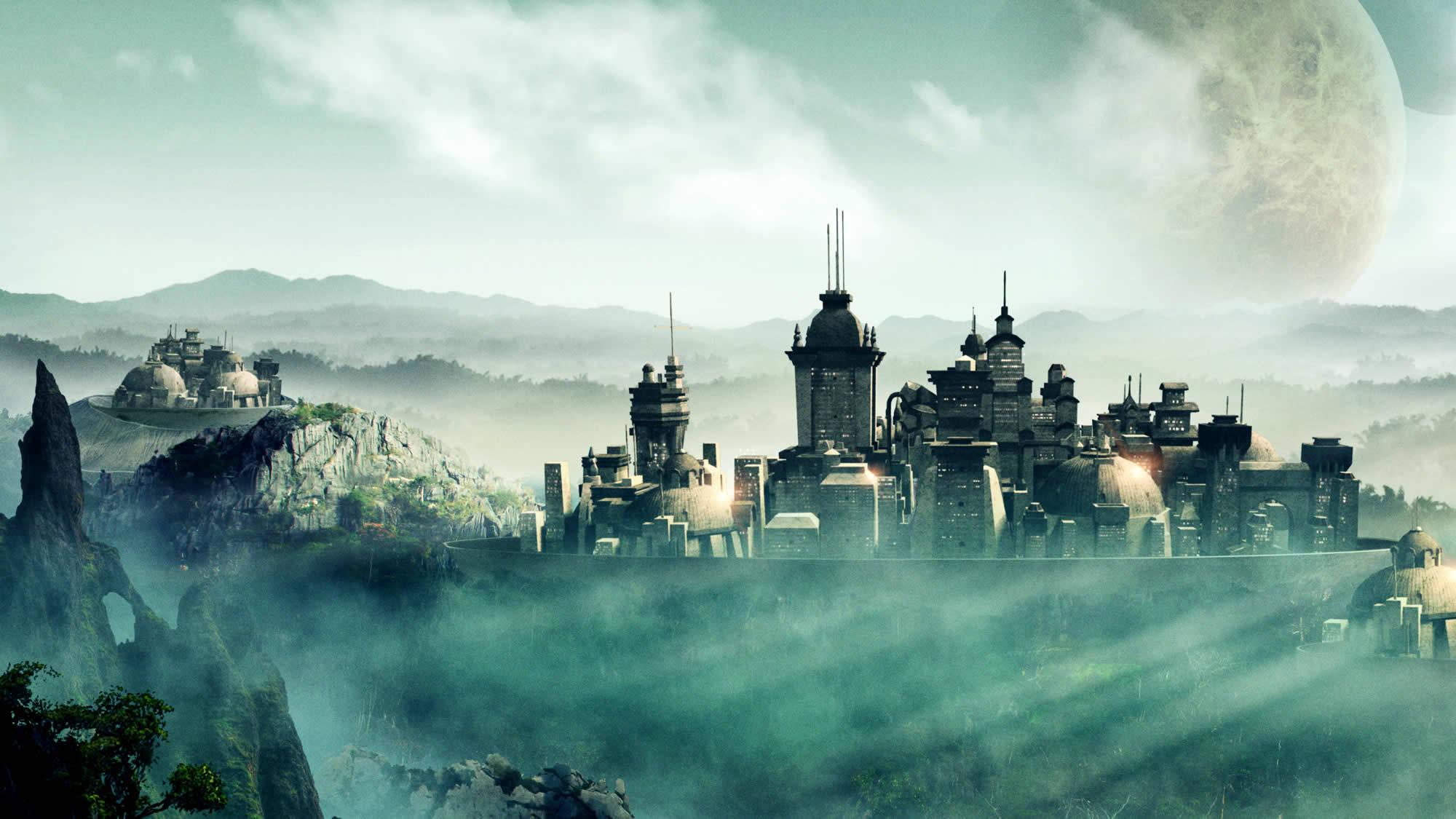 Civilization, futuristic city, cliffs, Full HD Desktop Wallpaper