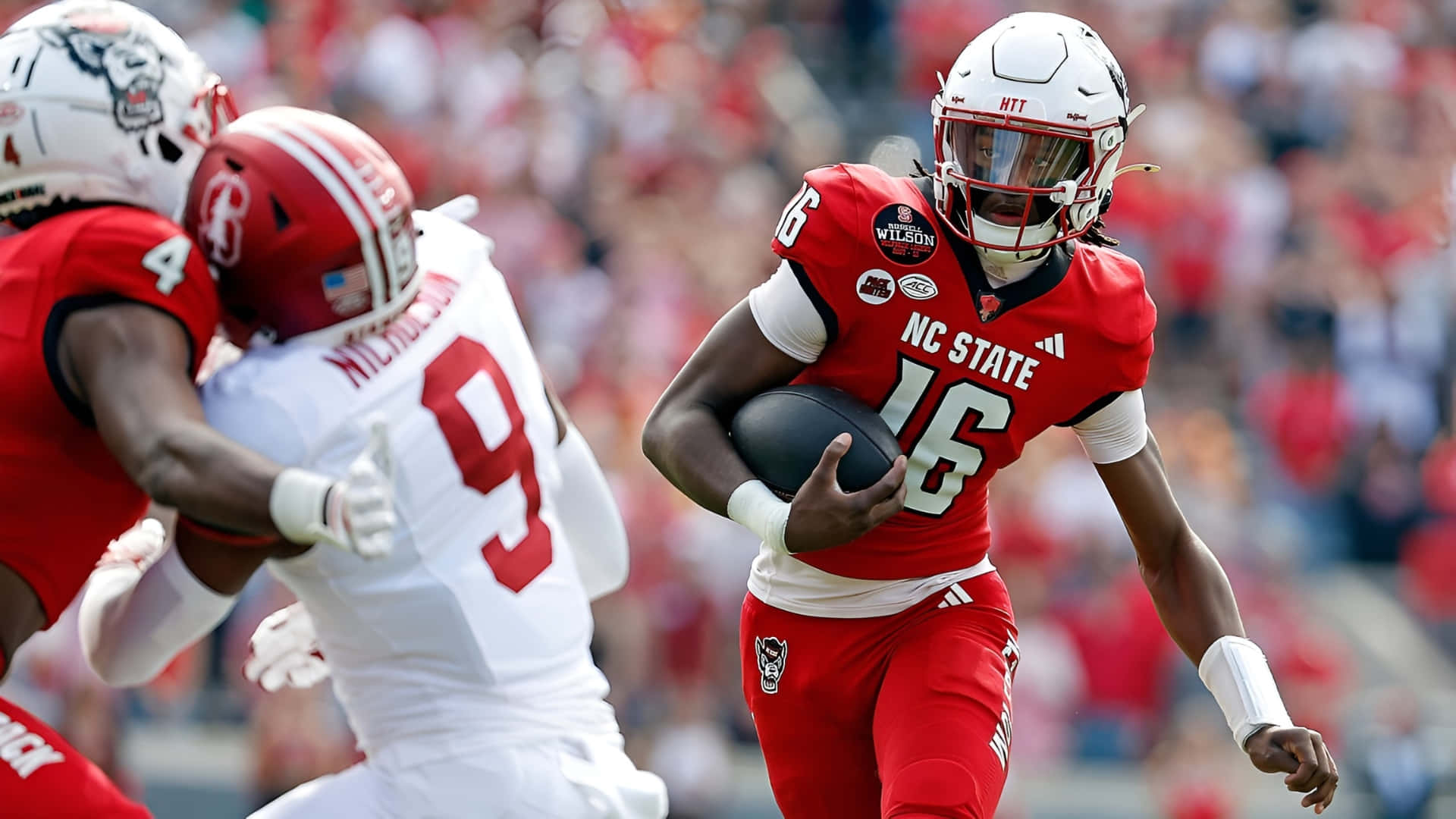 Cj Bailey, NC State football player, red jersey number 16, Full HD Desktop Wallpaper