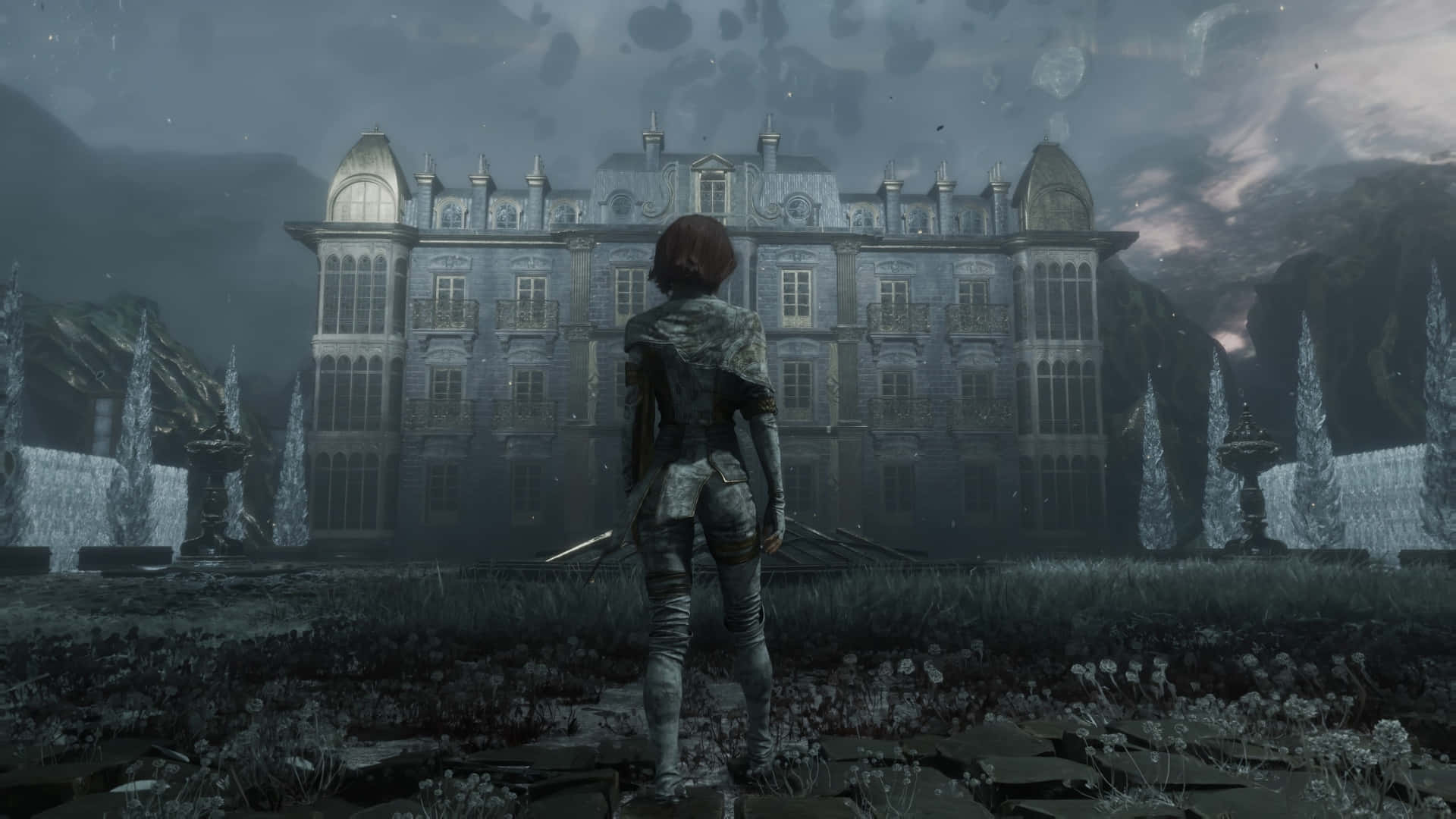 Clair Obscur Expedition 33, armored figure, gothic mansion, Full HD Desktop Wallpaper