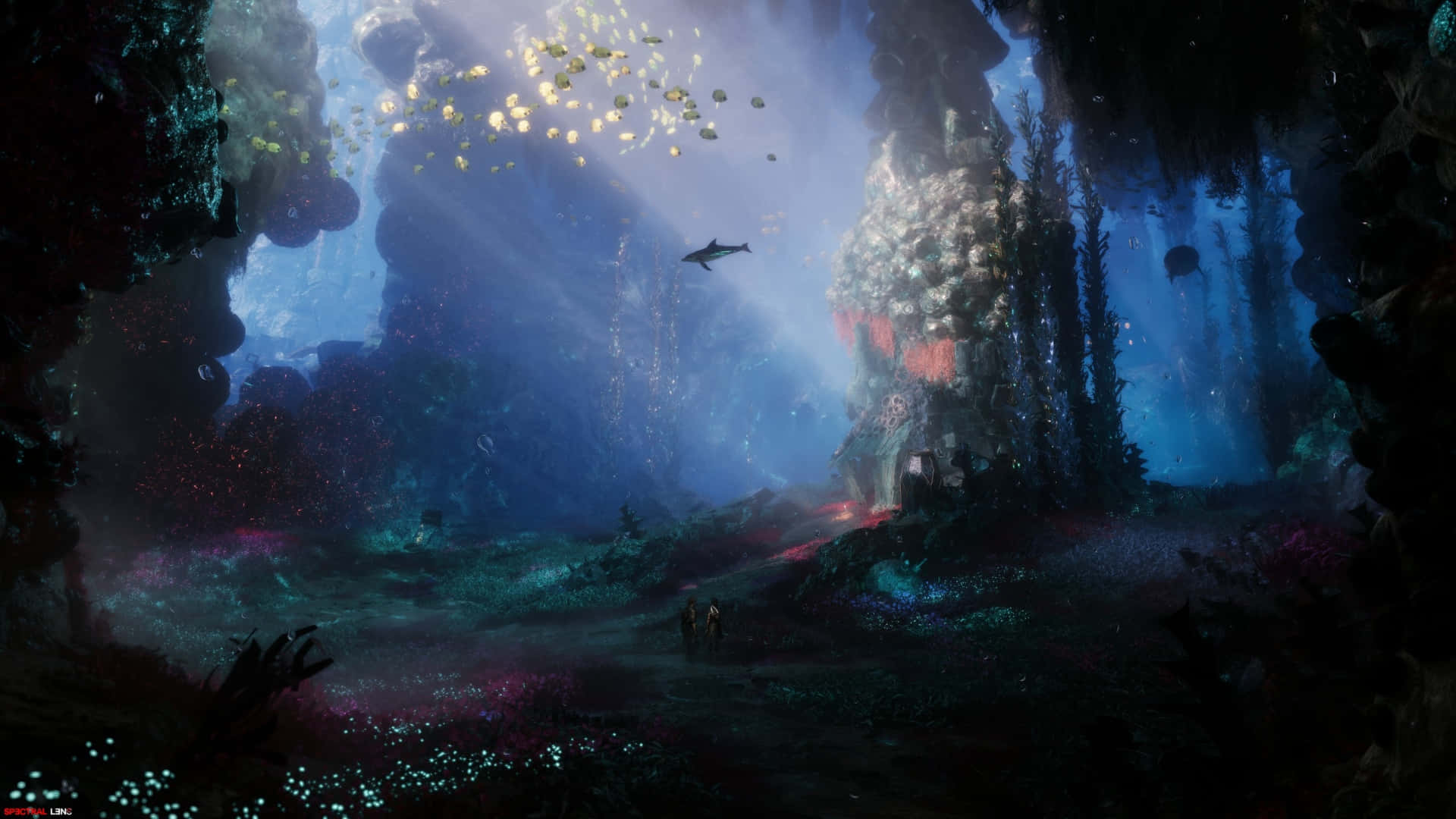 Clair Obscur Expedition 33, sunlight beams, underwater cavern, Full HD Desktop Wallpaper