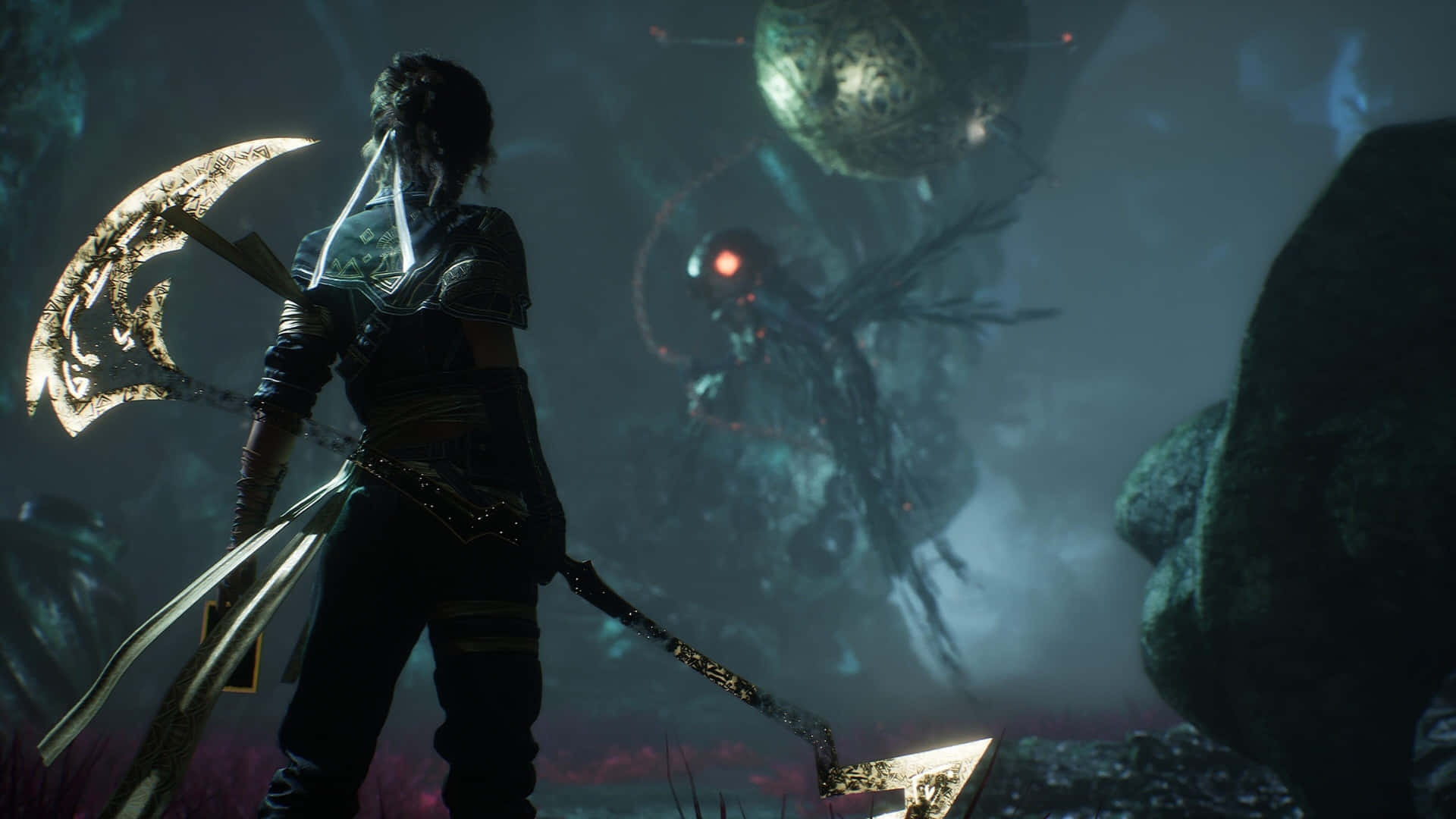 Clair Obscur Expedition 33, glowing crescent blade, monstrous enemy, Full HD Desktop Wallpaper