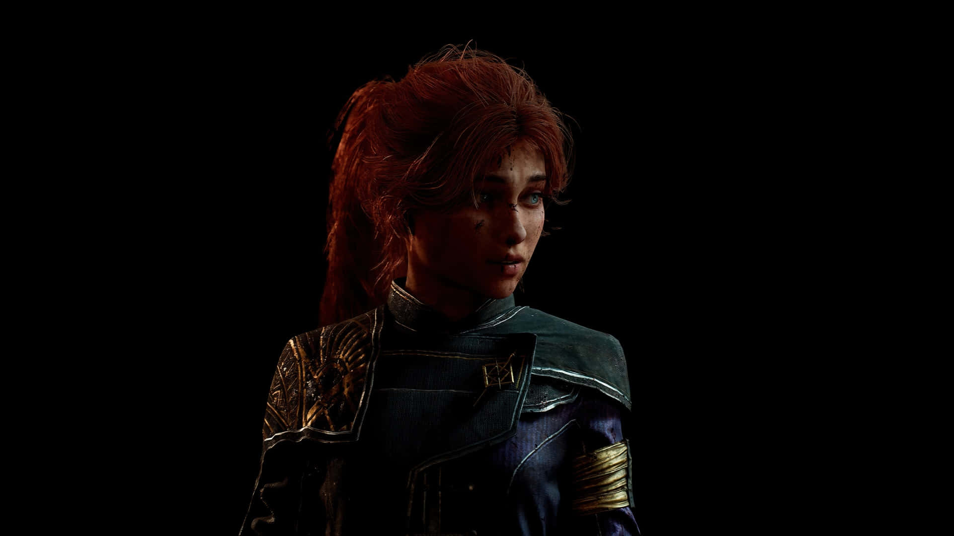 Clair Obscur Expedition 33, fiery red hair, ornate dark armor, Full HD Desktop Wallpaper