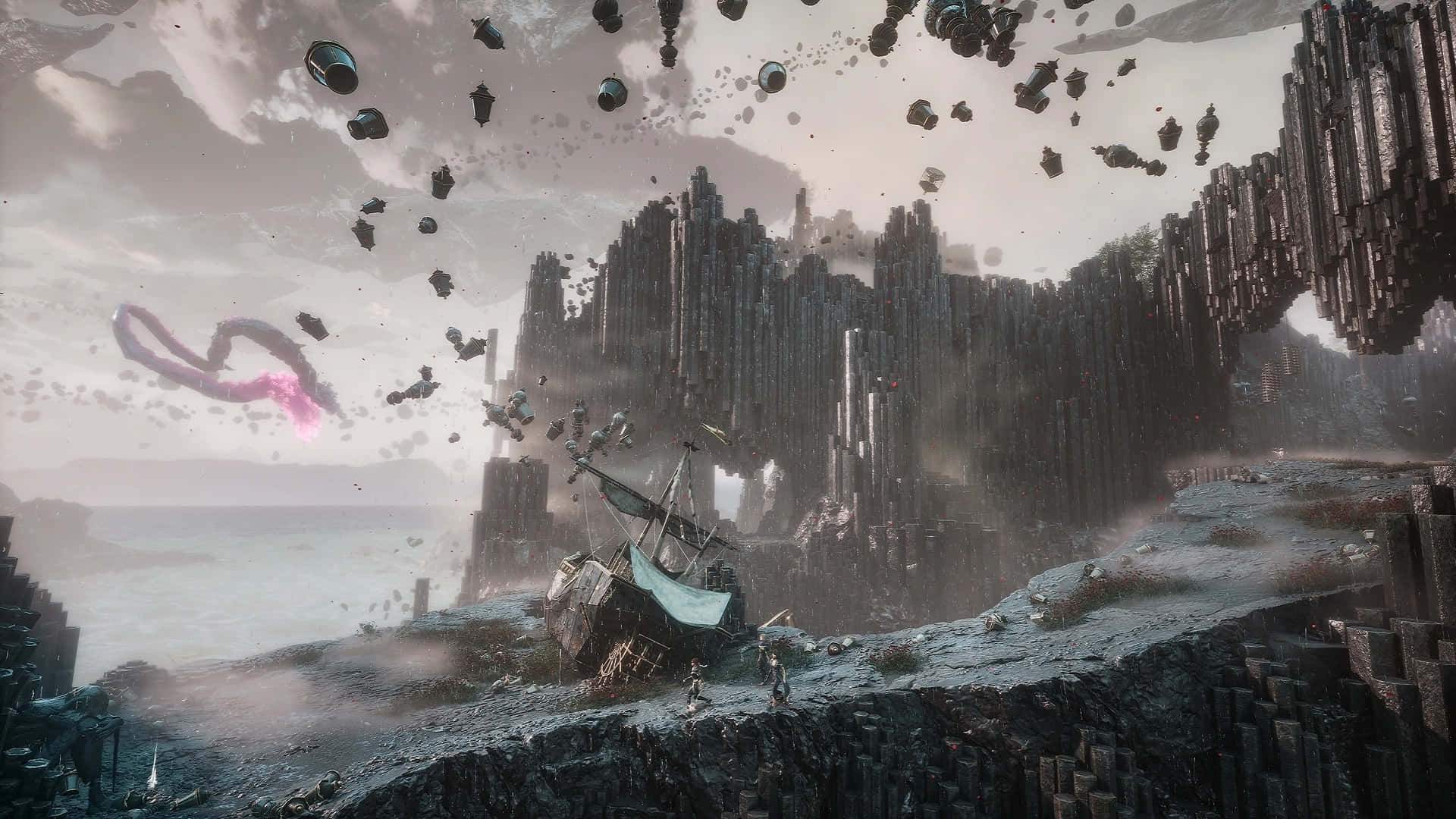 Clair Obscur Expedition 33, shipwreck, desolate cliffside, Full HD Desktop Wallpaper