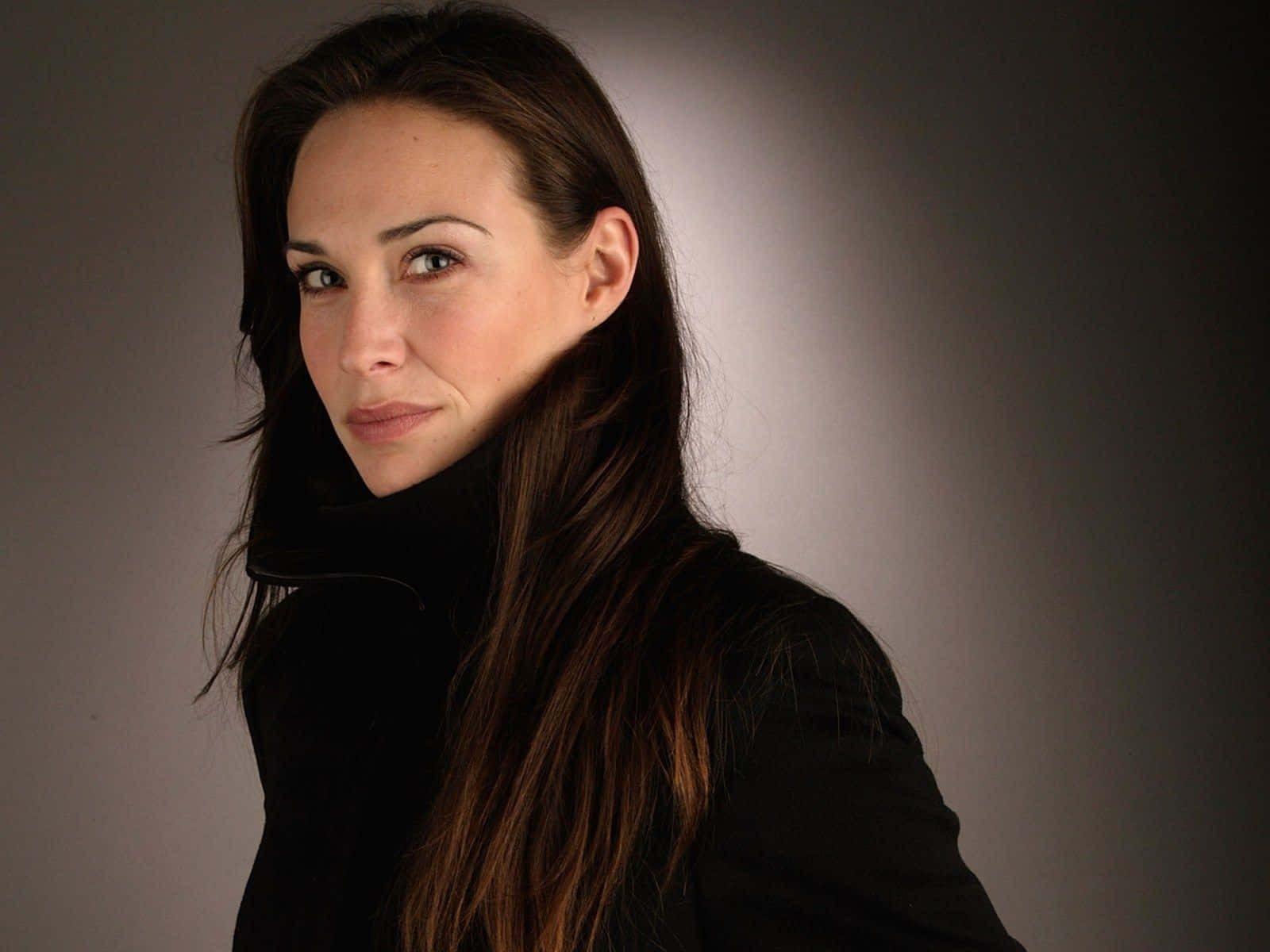 Claire Forlani, long brown hair, black turtleneck, HD Desktop Wallpaper
