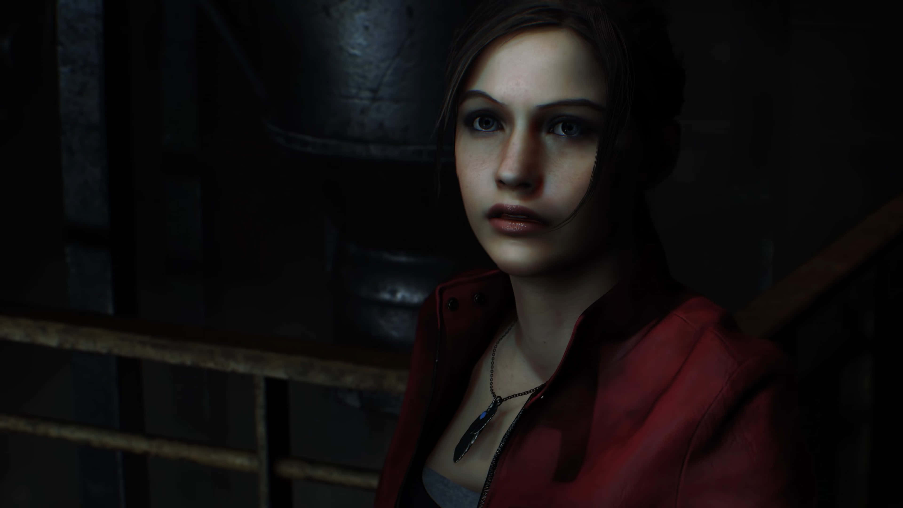 Claire Redfield, red jacket, dimly lit industrial setting, 4K Desktop Wallpaper