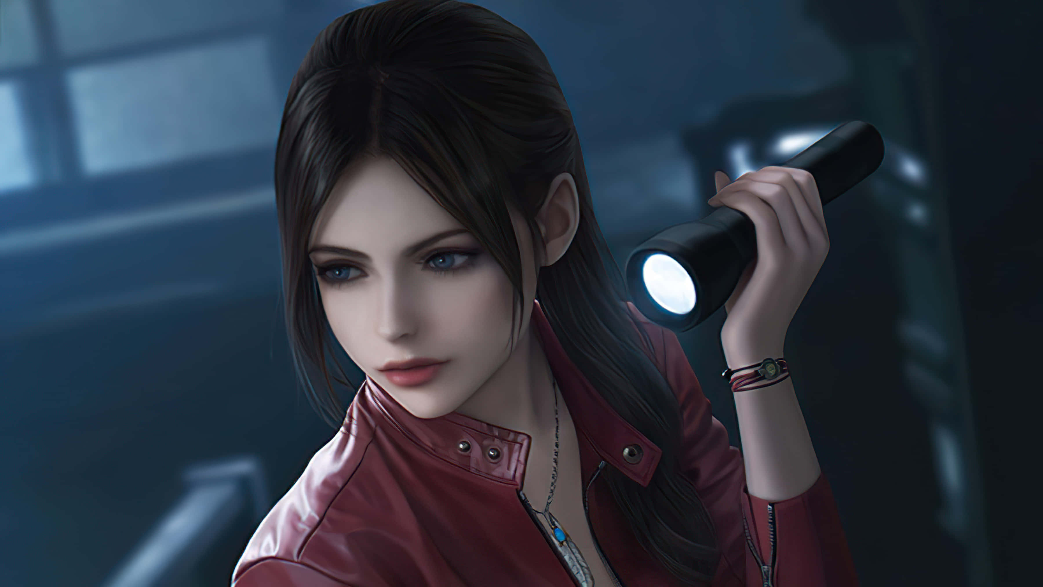 Claire Redfield, red leather jacket, flashlight, 2K Desktop Wallpaper