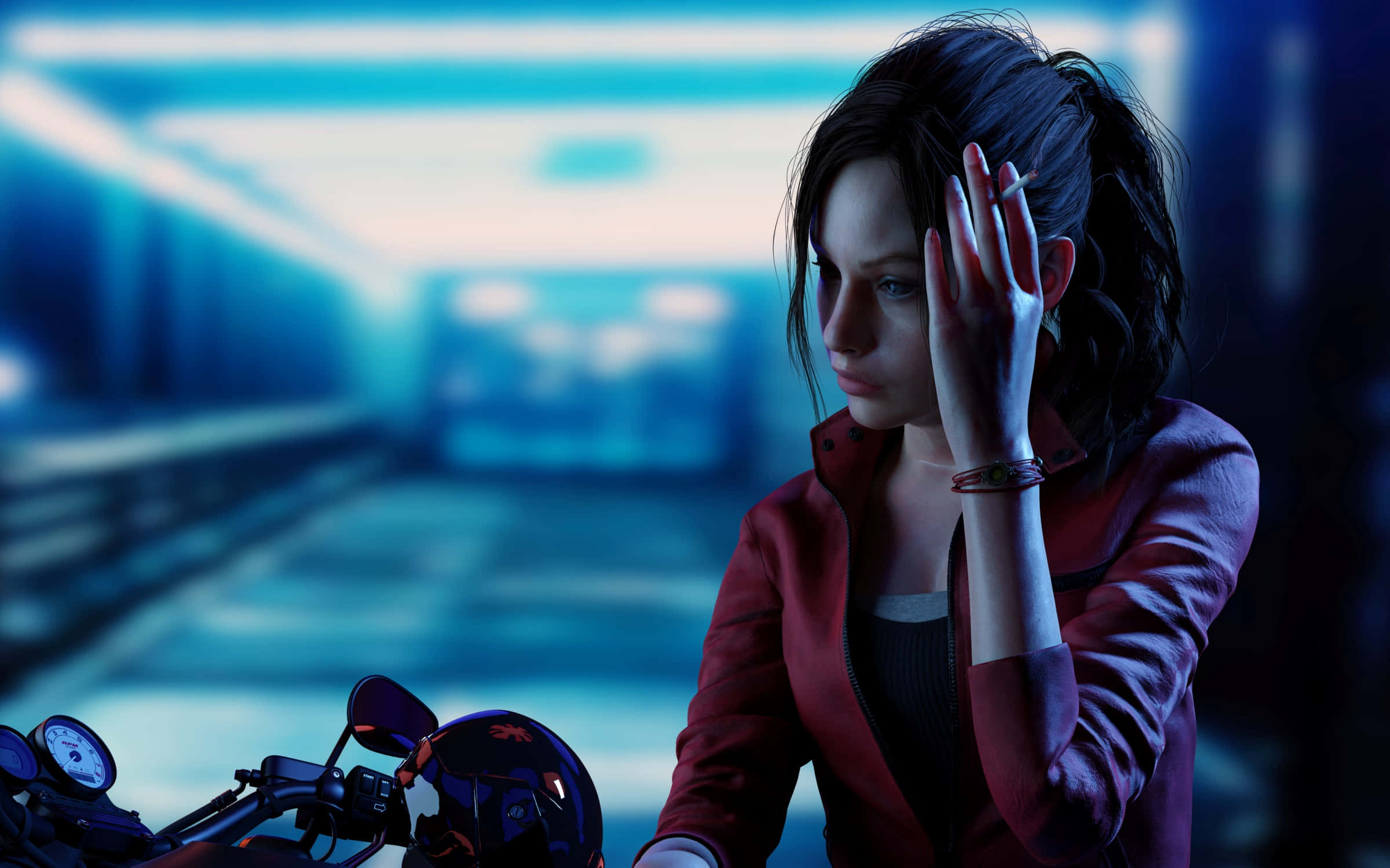 Claire Redfield, red jacket, motorcycle, Full HD Desktop Wallpaper