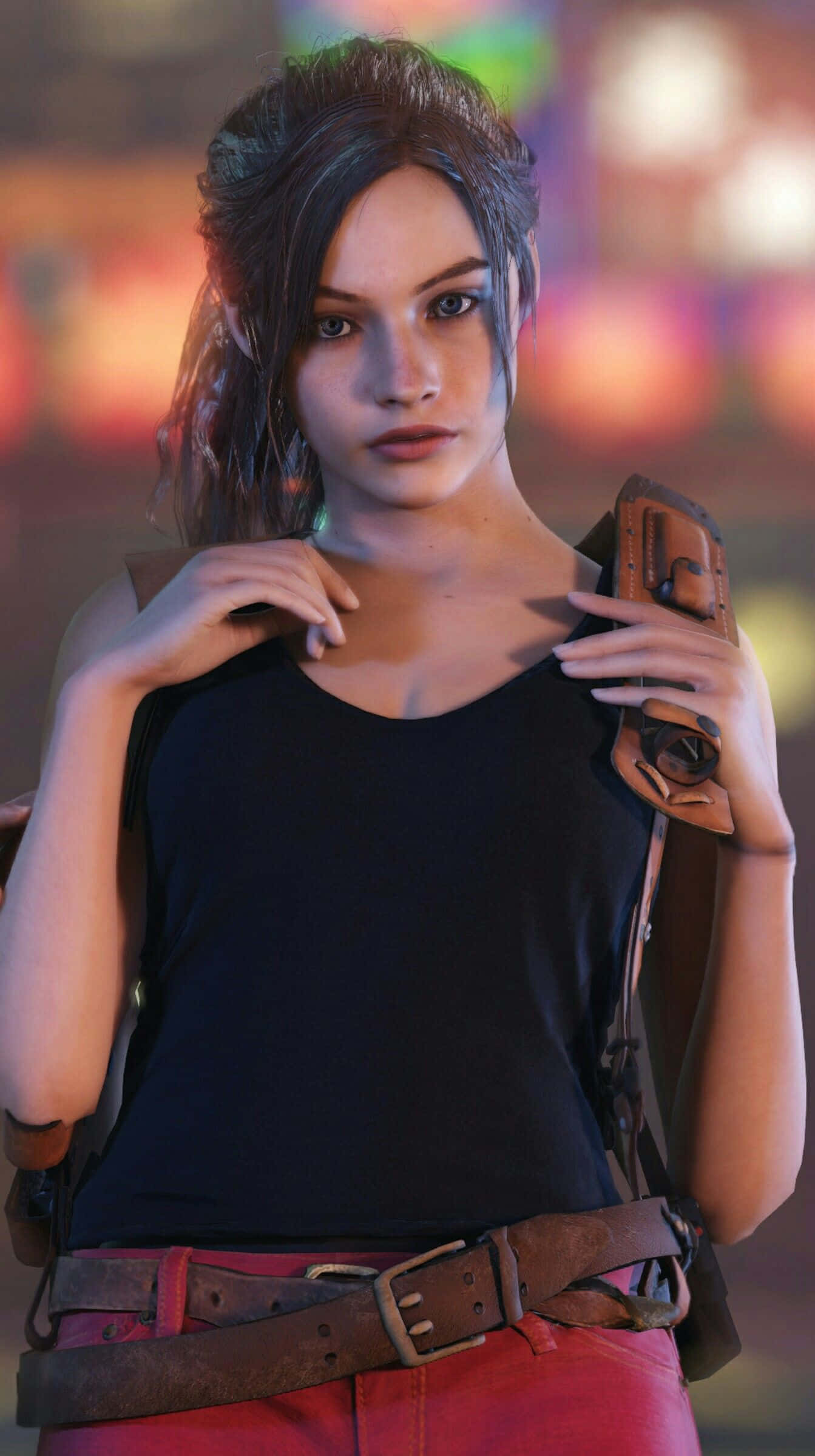 Claire Redfield, black tank top, red pants, Full HD Phone Wallpaper