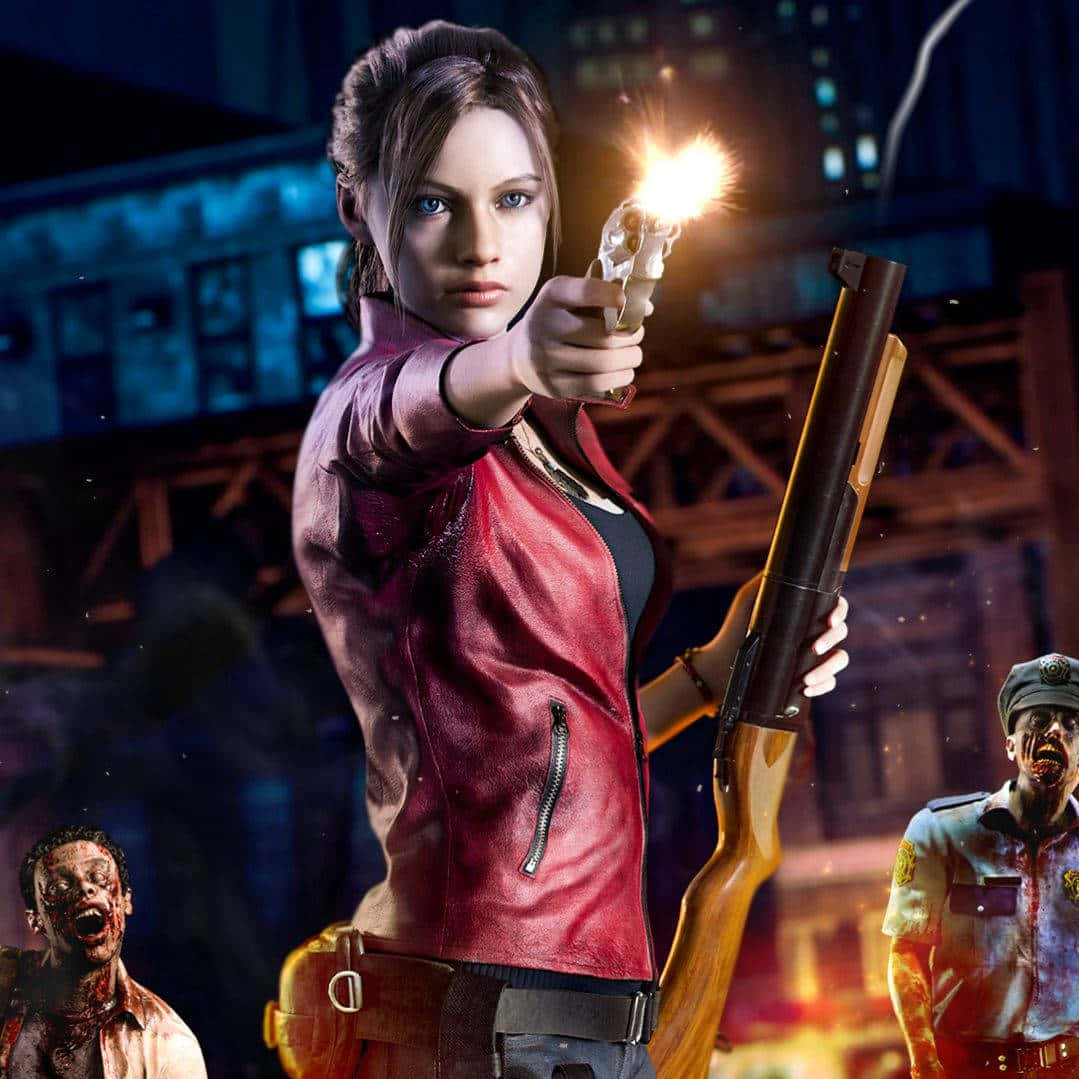 Claire Redfield, red leather jacket, pistol, SD Desktop Wallpaper