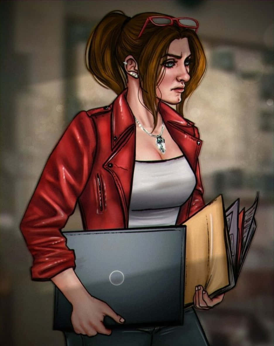 Claire Redfield, red leather jacket, laptop, SD Phone Wallpaper