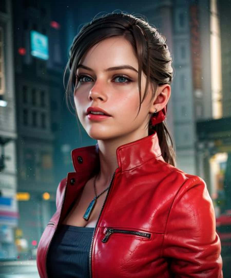Claire Redfield, glossy red leather jacket, blurred cityscape, SD Phone Wallpaper
