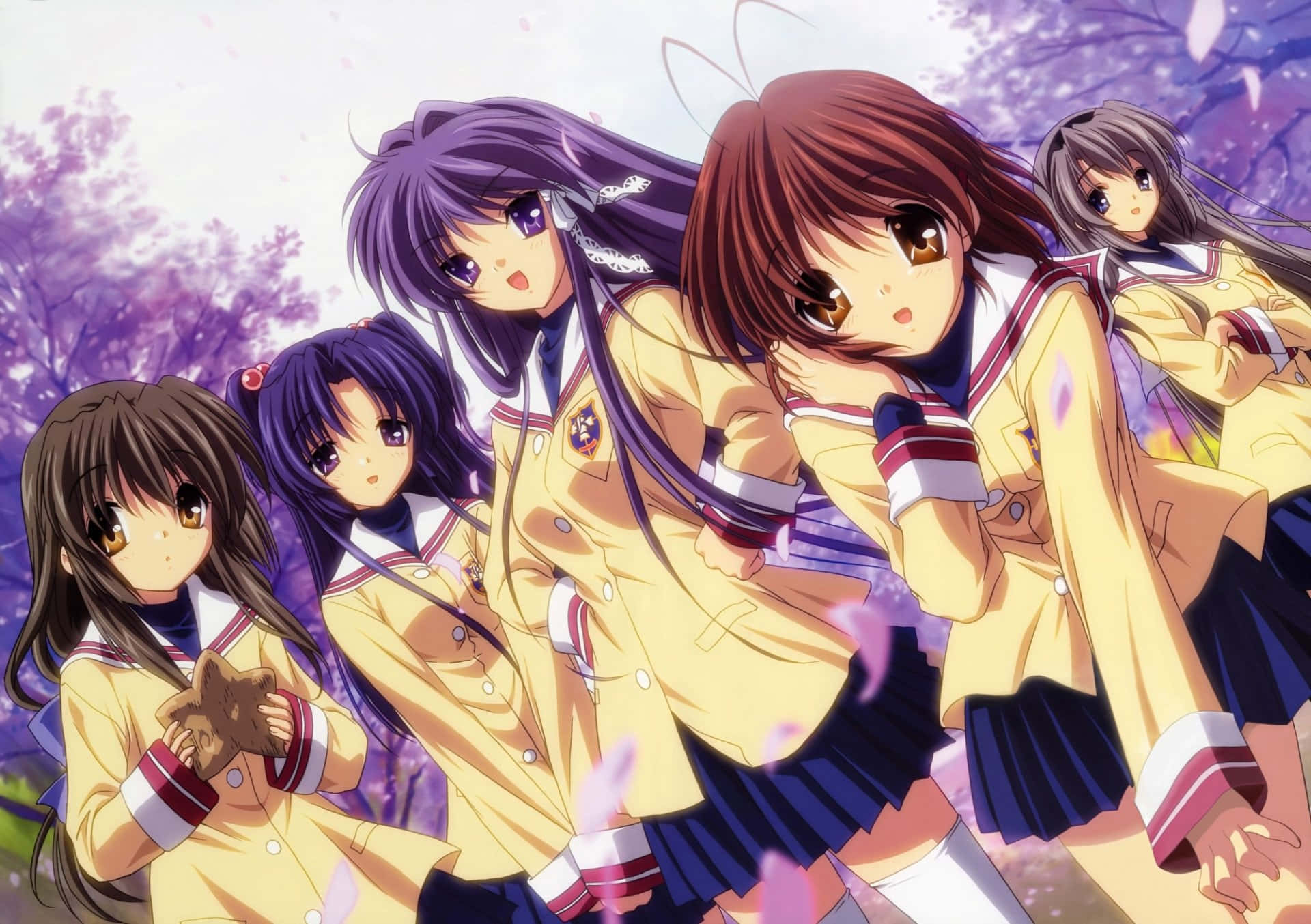 Clannad After Story, yellow school uniforms, falling cherry blossoms, Full HD Desktop Wallpaper