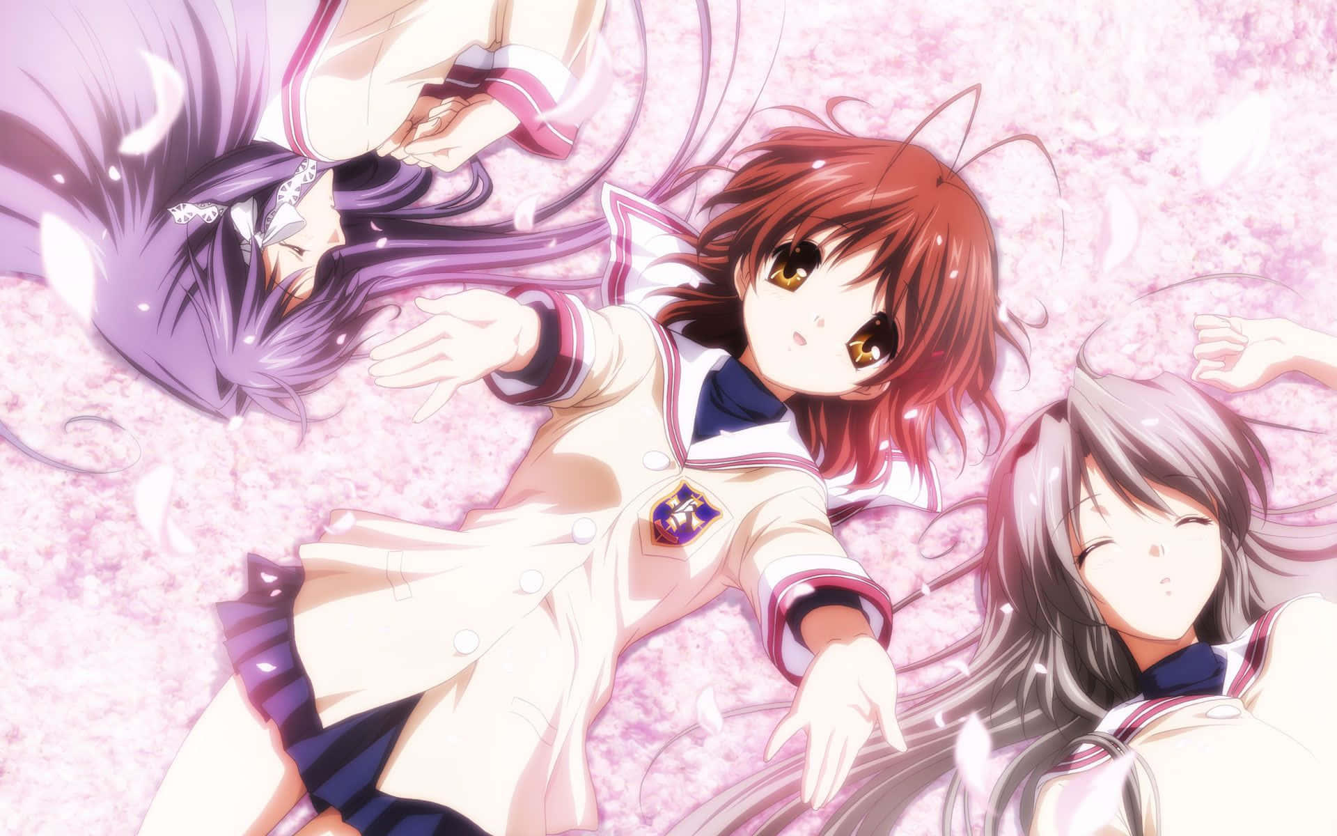 Clannad After Story, school uniforms, pink cherry blossoms, Full HD Desktop Wallpaper