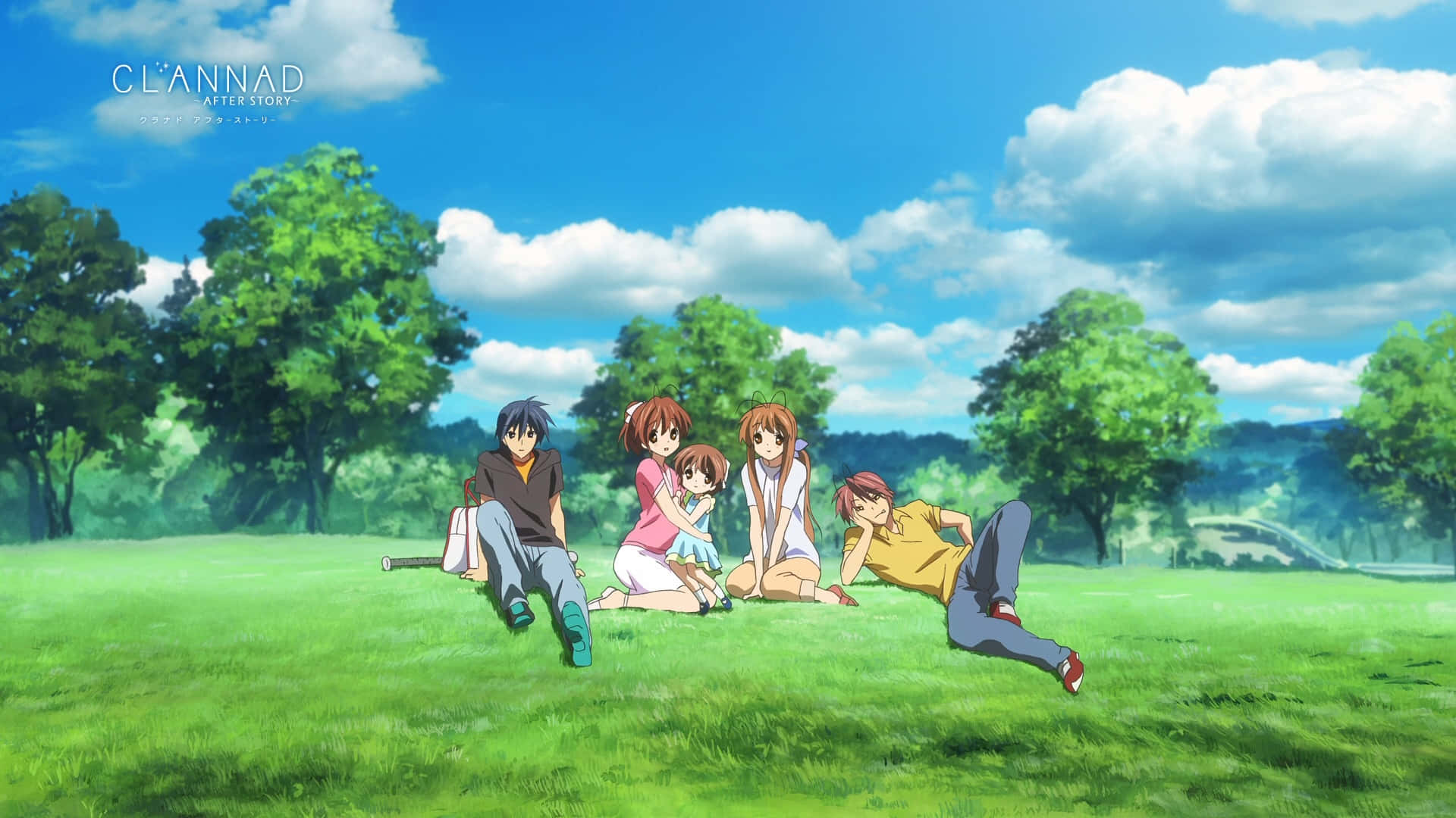 Clannad After Story, sunlit grassy field, bright blue sky, Full HD Desktop Wallpaper