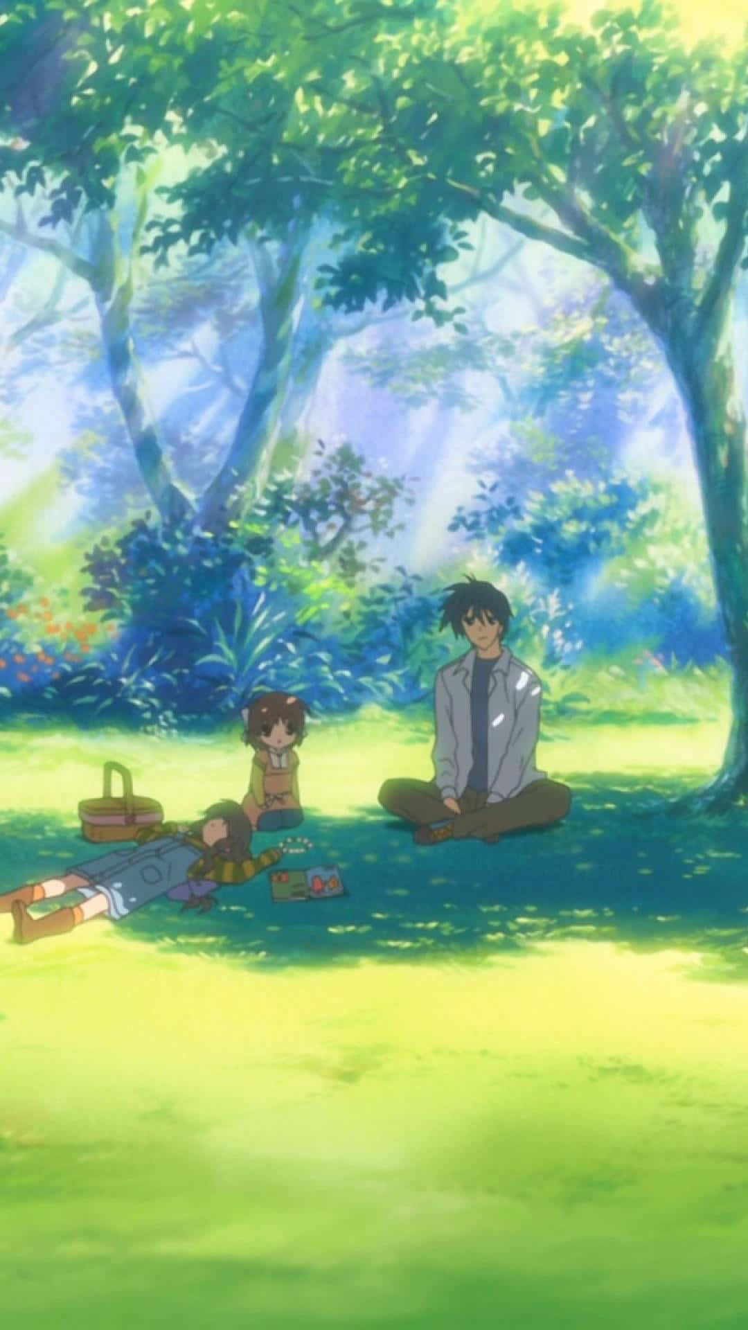 Clannad After Story, sunlit forest clearing, lush green trees, Full HD Phone Wallpaper