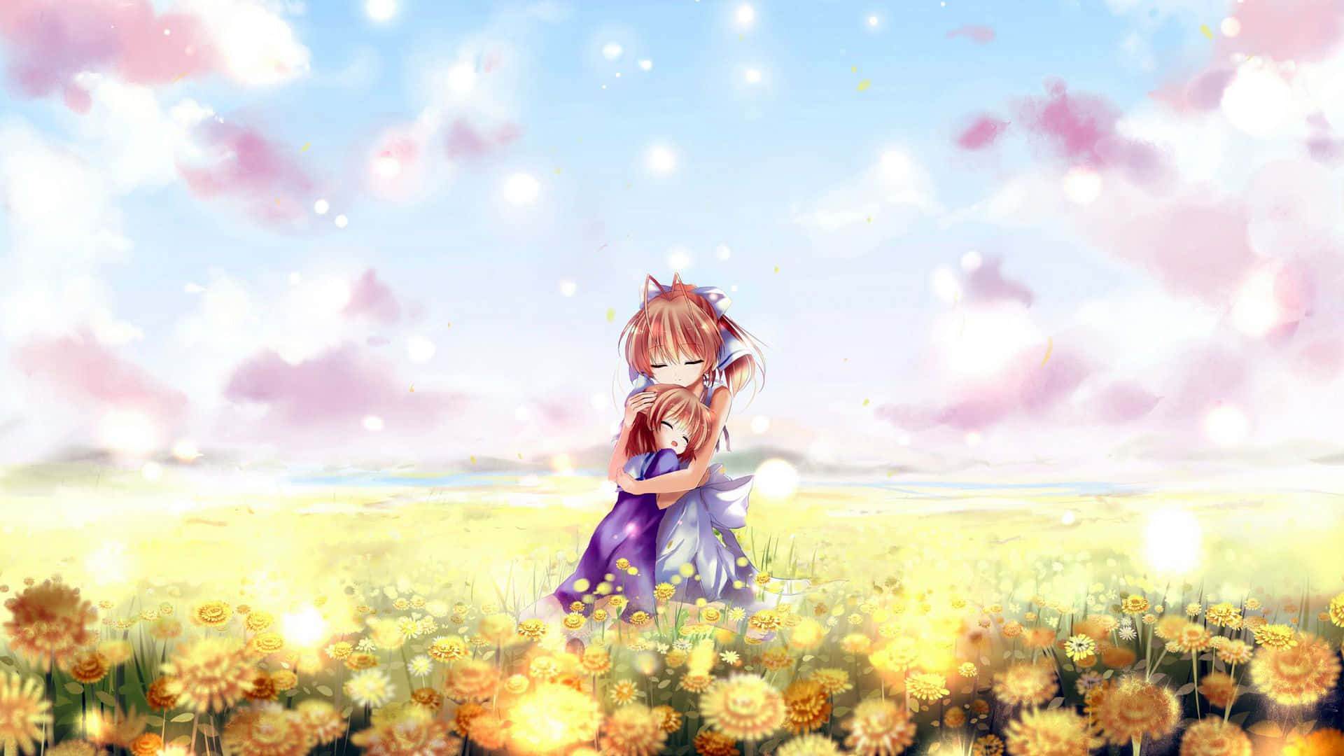 Clannad After Story, sunlit field of golden flowers, soft pink and blue sky, Full HD Desktop Wallpaper