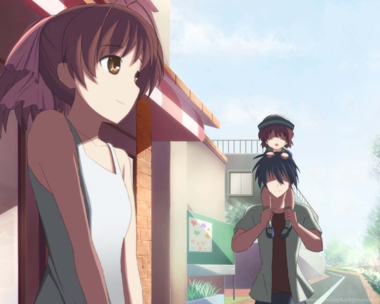 Clannad After Story, young anime girl with brown hair, boy carries a smaller child on his shoulders, HD Desktop Wallpaper