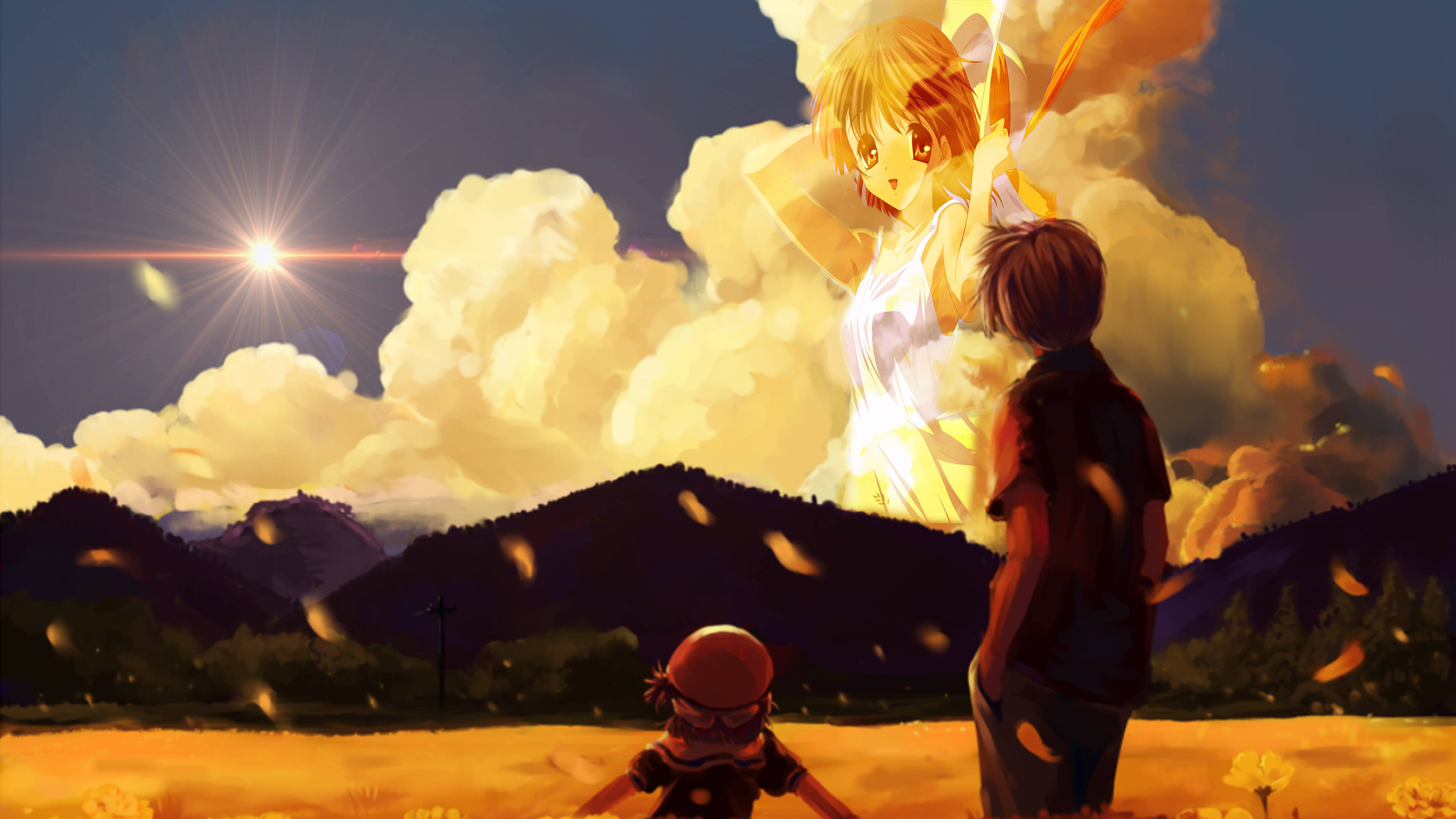Clannad, golden field, glowing anime girl, 4K Desktop Wallpaper