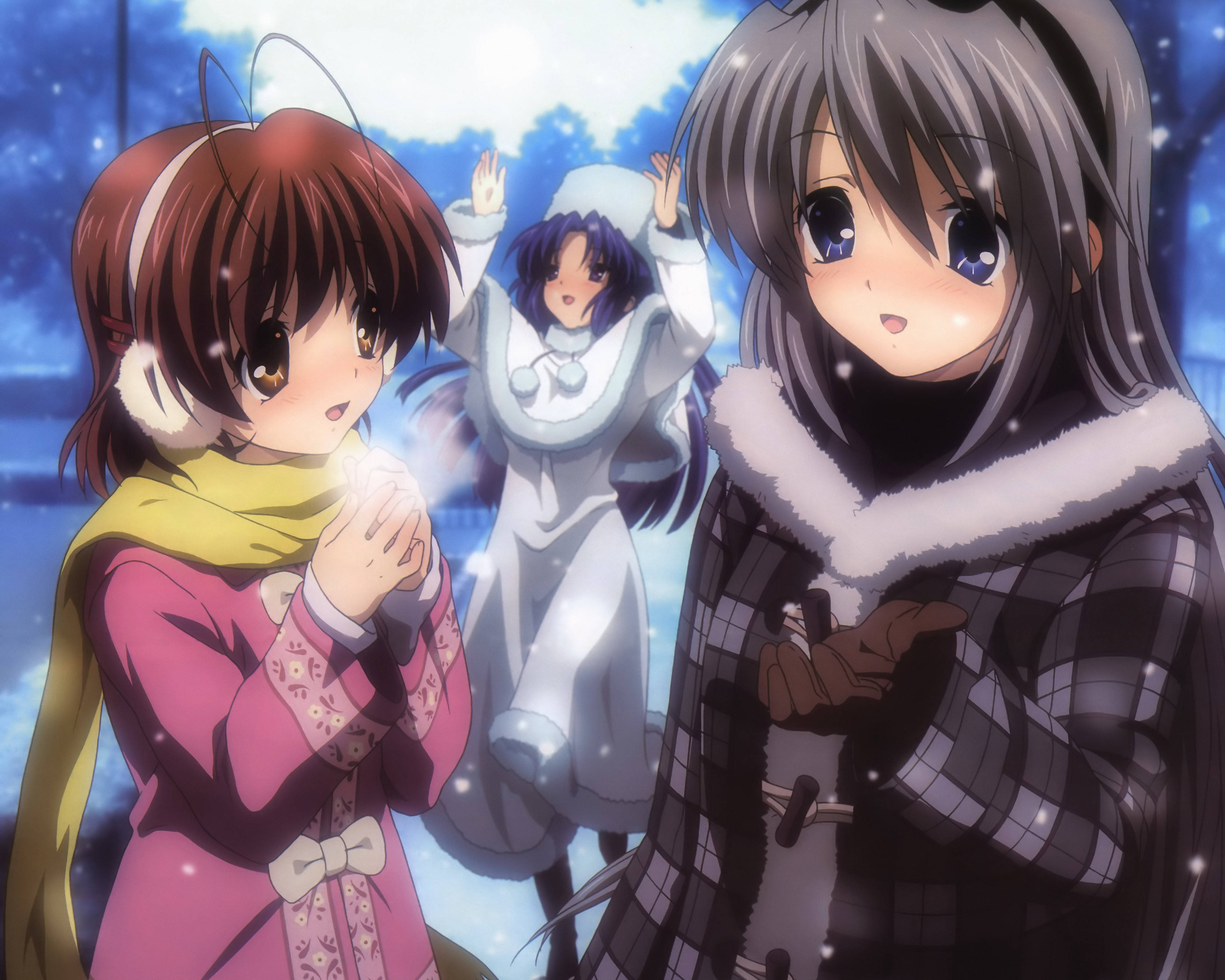 Clannad, anime girls, winter coats, 4K Desktop Wallpaper