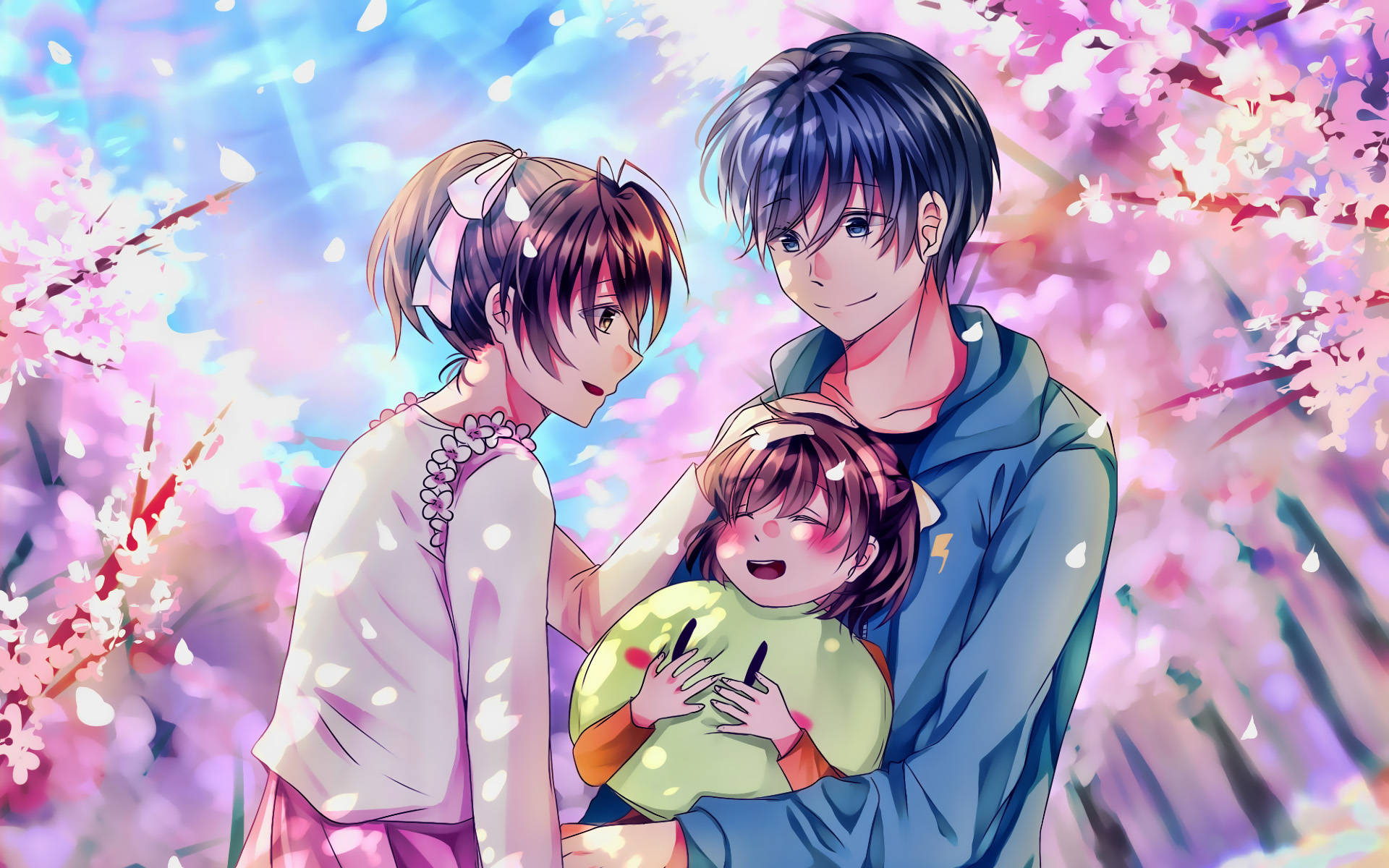 Clannad, cherry blossom canopy, pastel hues, Full HD Desktop Wallpaper