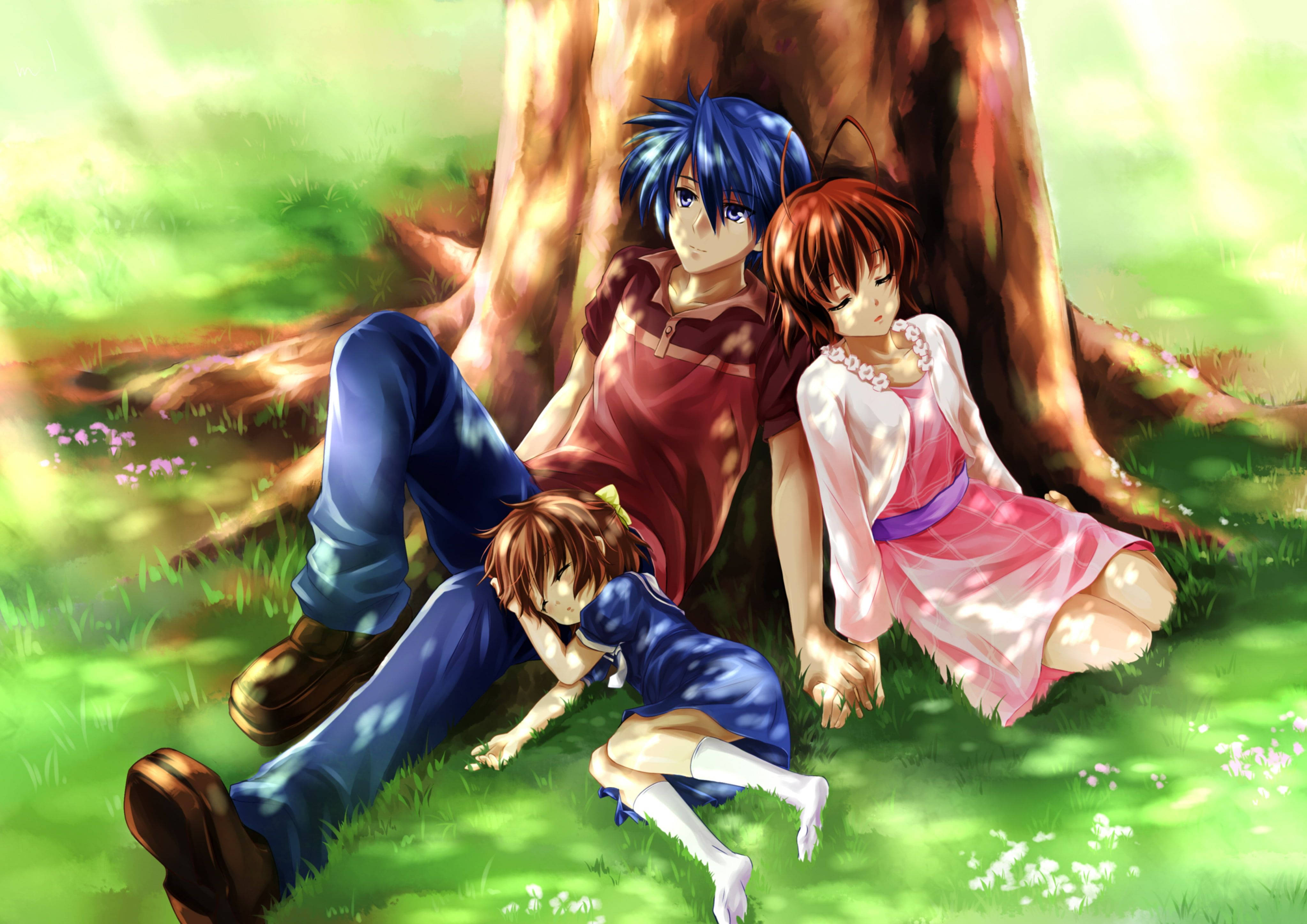 Clannad, anime characters, sunlit grassy field, 4K Desktop Wallpaper