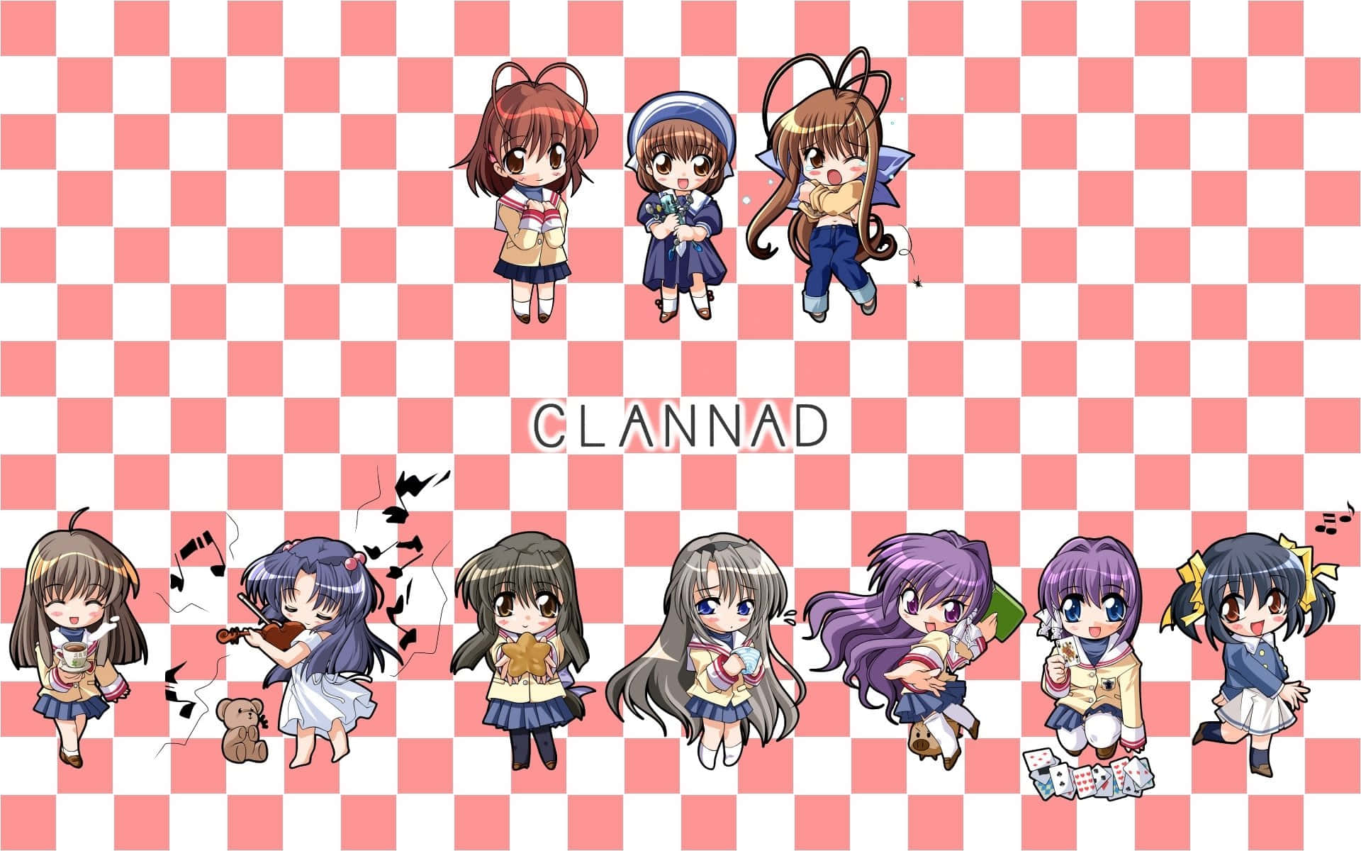 Clannad, chibi anime girls, pink and white checkered background, Full HD Desktop Wallpaper
