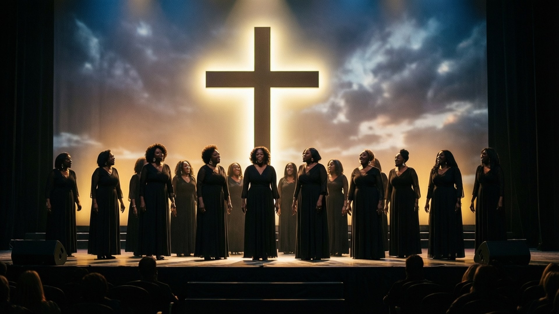 Clara Ward Singers, silhouette, backlit cross, Full HD Desktop Wallpaper