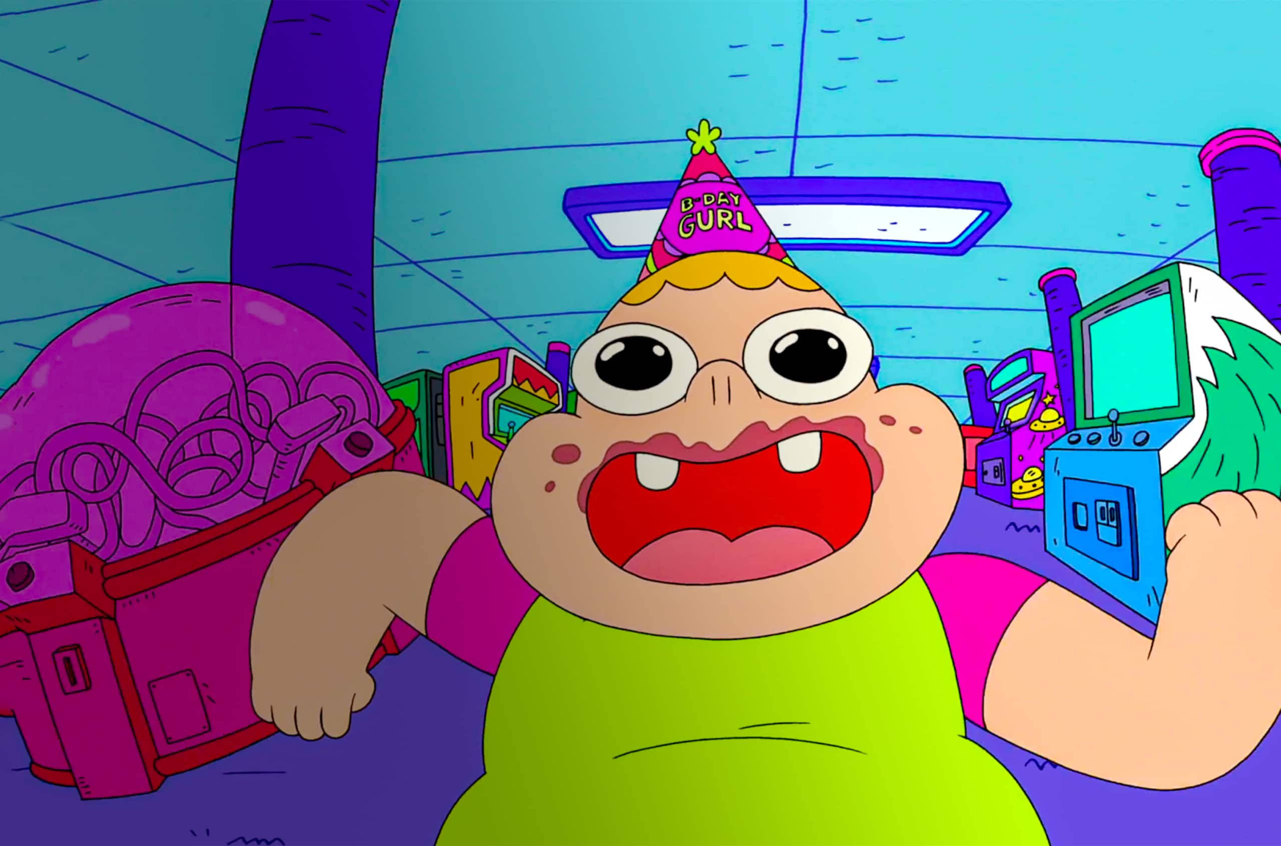 Clarence, arcade room, party hat, 2K Desktop Wallpaper