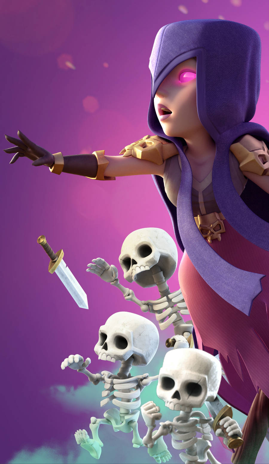 Clash Royale, purple-clad character, glowing pink eyes, HD Phone Wallpaper