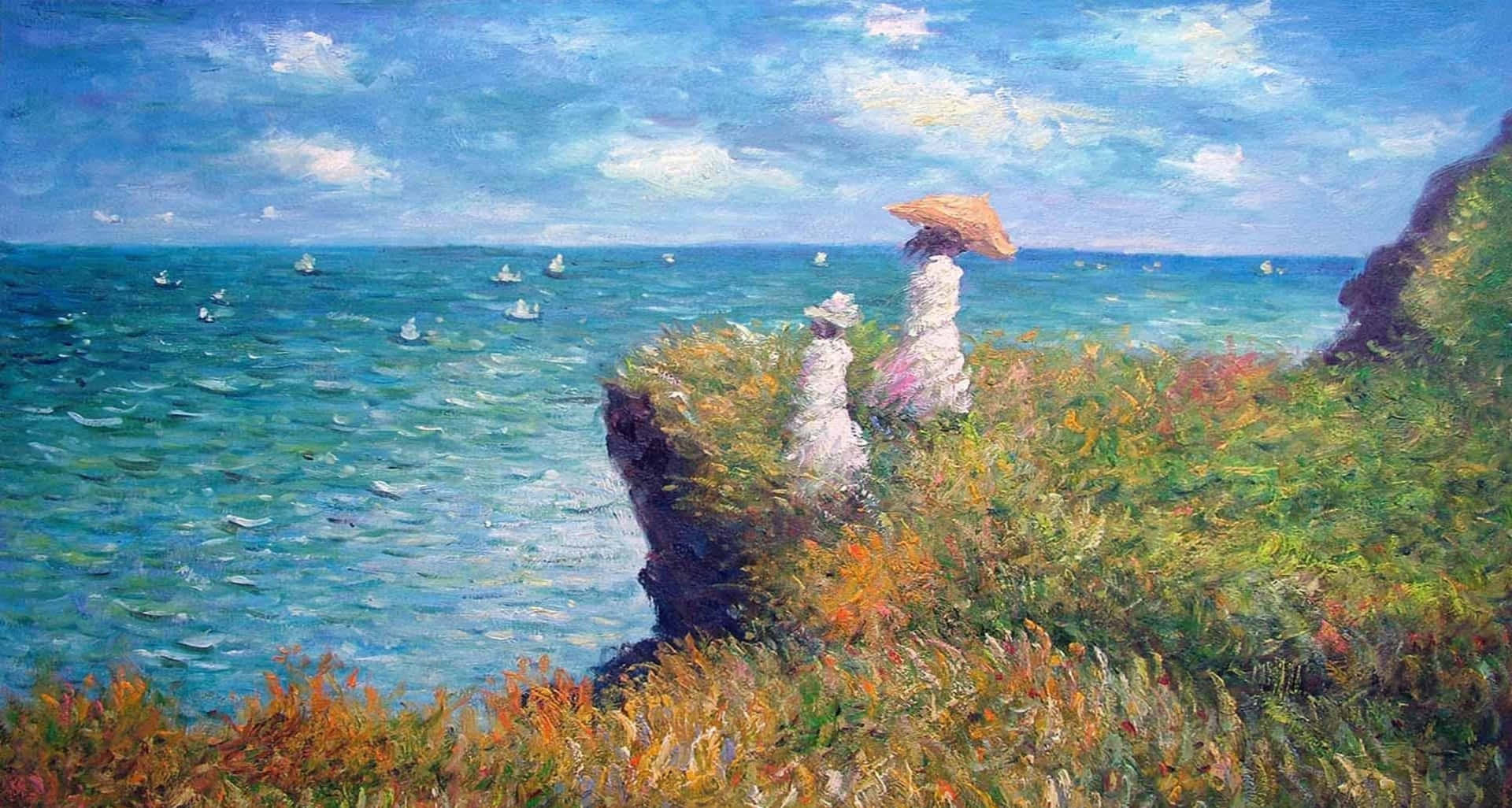 two women, cliff, ocean, Full HD Desktop Wallpaper
