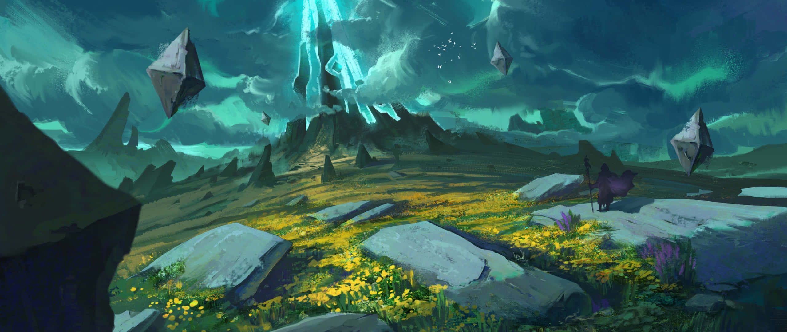 rocky field, yellow flowers, stormy teal sky, 2K Desktop Wallpaper