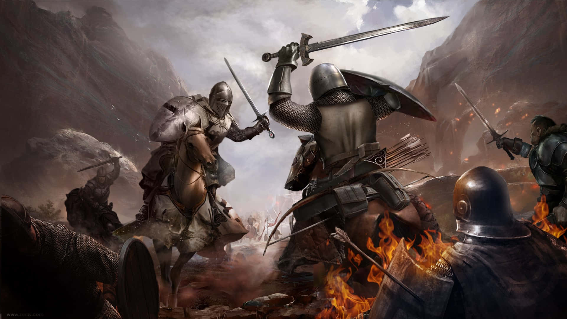 medieval battle scene, armored knights, fiery mountain battlefield, Full HD Desktop Wallpaper