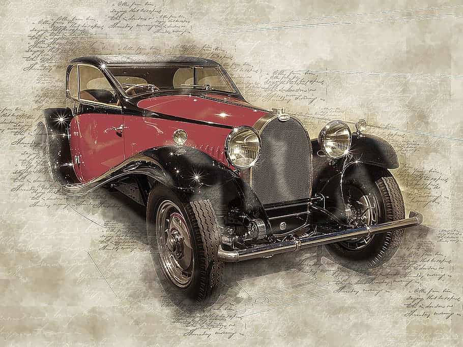 Classic Bugatti, vintage red and black car, chrome accents, SD Desktop Wallpaper