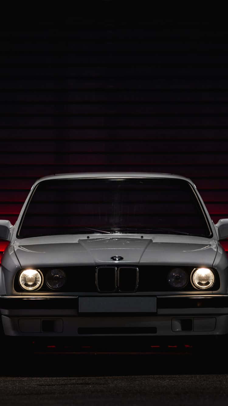 silver BMW E30, glowing headlights, dark red slatted wall, HD Phone Wallpaper