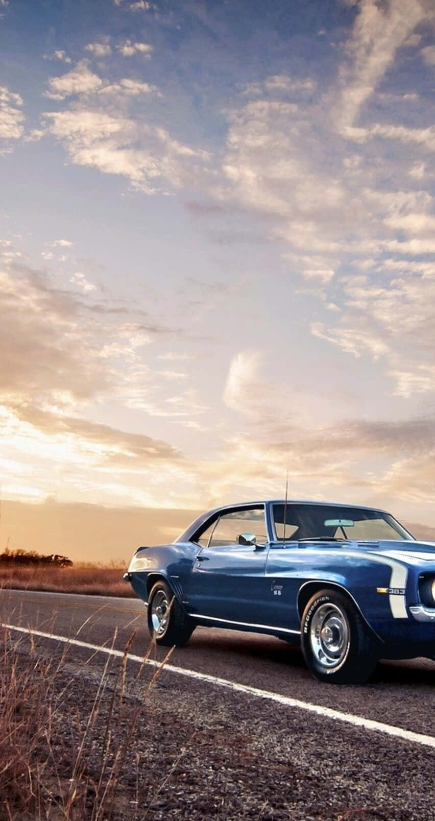 classic blue muscle car, desert road, golden sunset sky, HD Phone Wallpaper