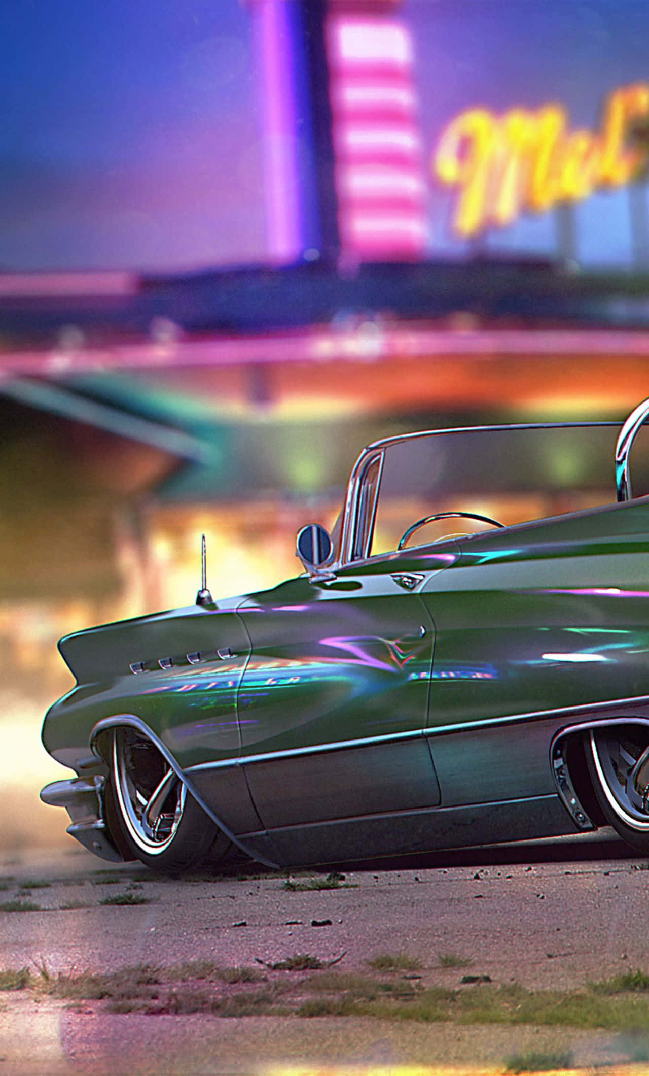 green car, low rider, neon lights, Full HD Phone Wallpaper