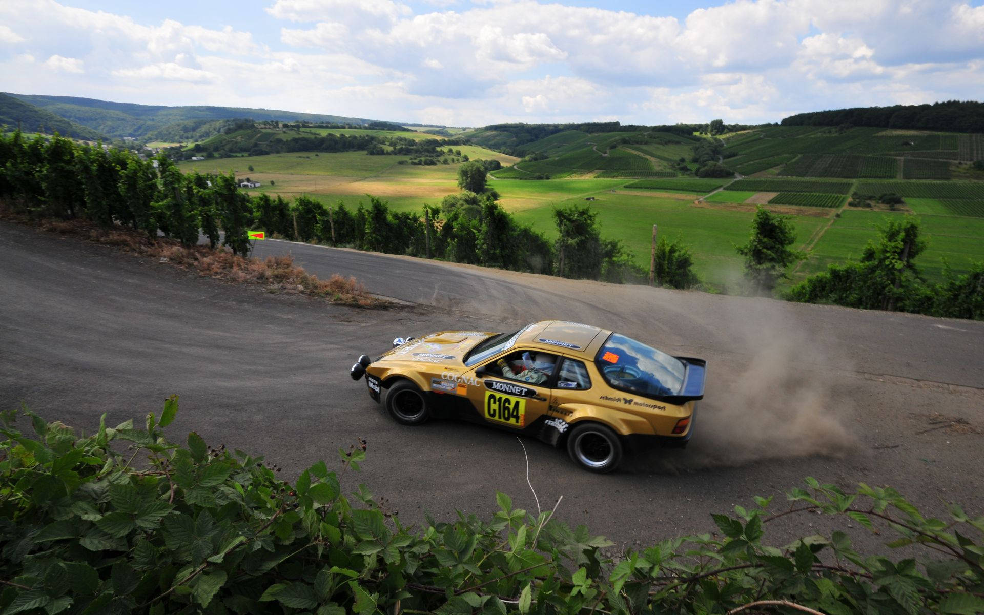 yellow Porsche 944, golden rally car, winding road, Full HD Desktop Wallpaper