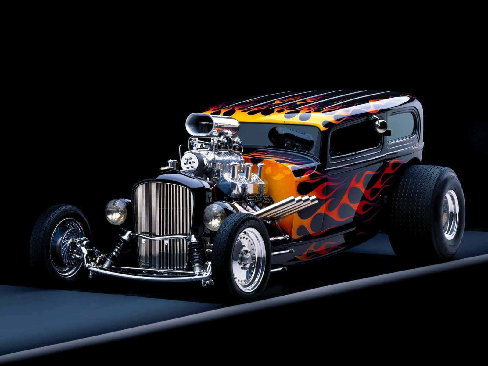hot rod, orange flame decals, exposed chrome engine, HD Desktop Wallpaper
