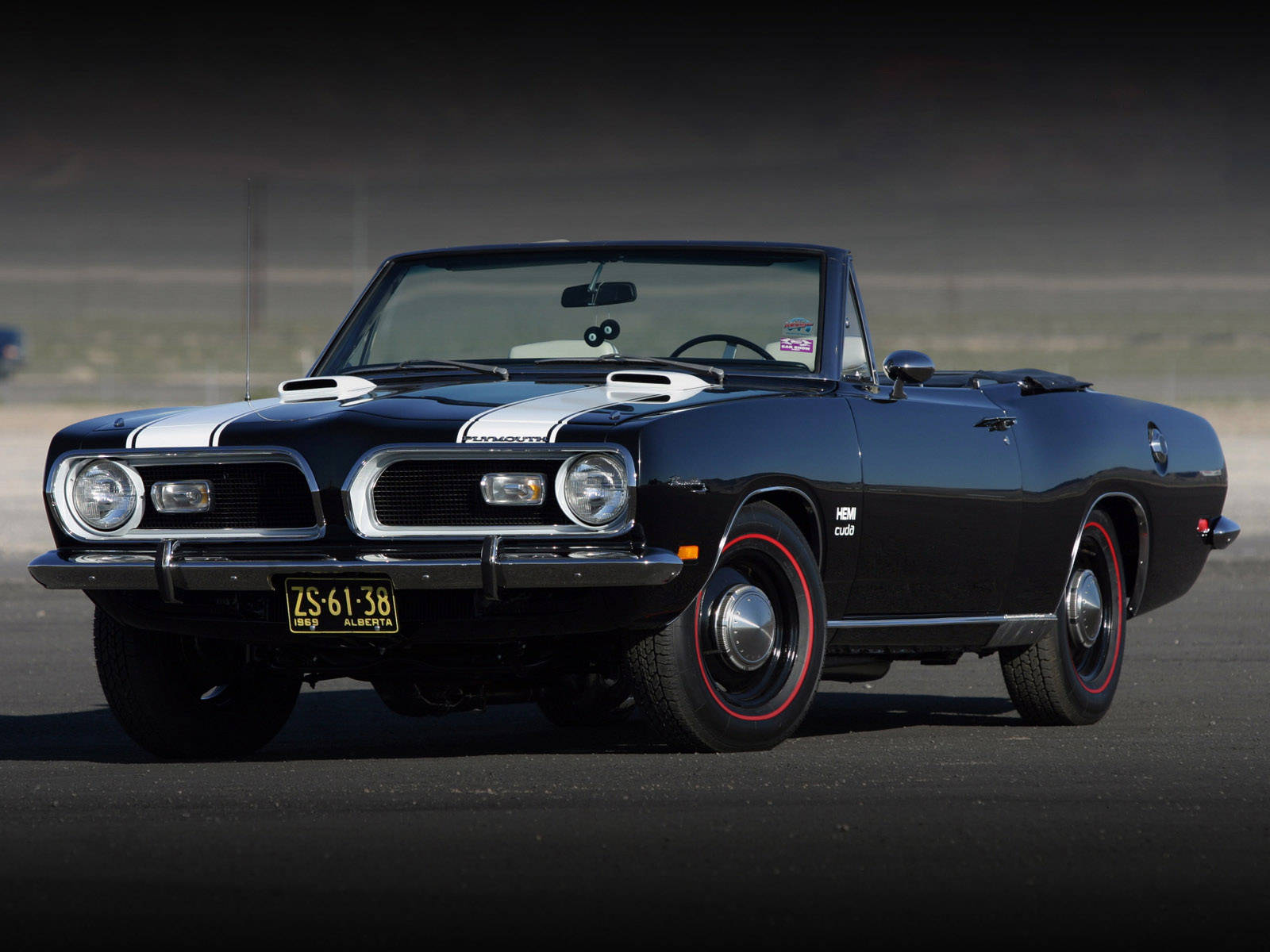 1969 Plymouth Hemi Cuda Convertible, black, white racing stripes, HD Desktop Wallpaper