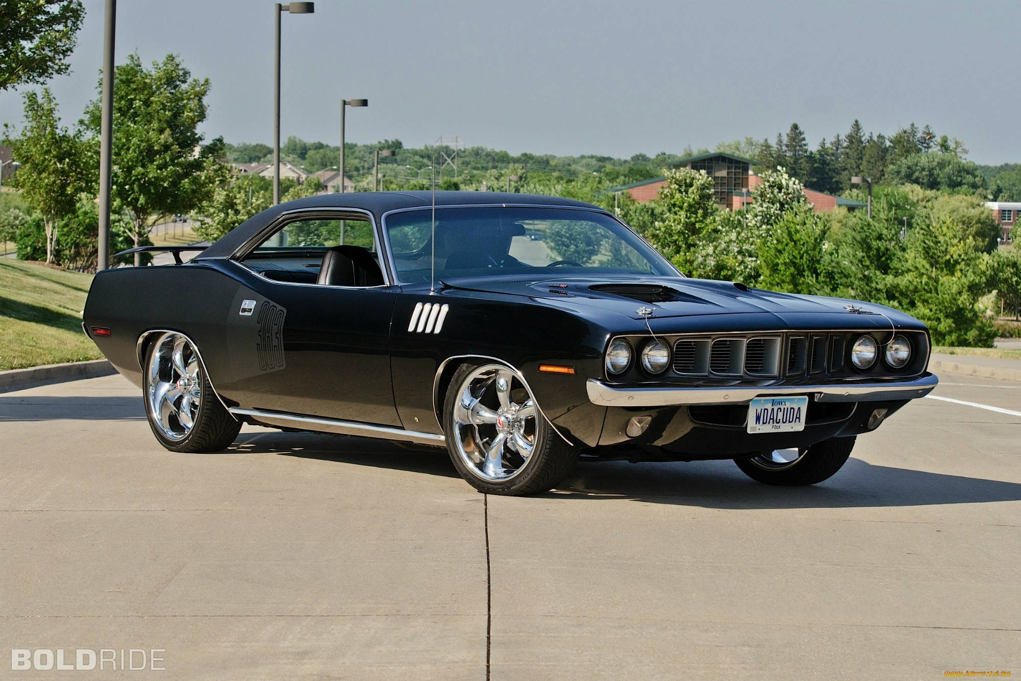 1971 Plymouth Barracuda, black, chrome wheels, Full HD Desktop Wallpaper