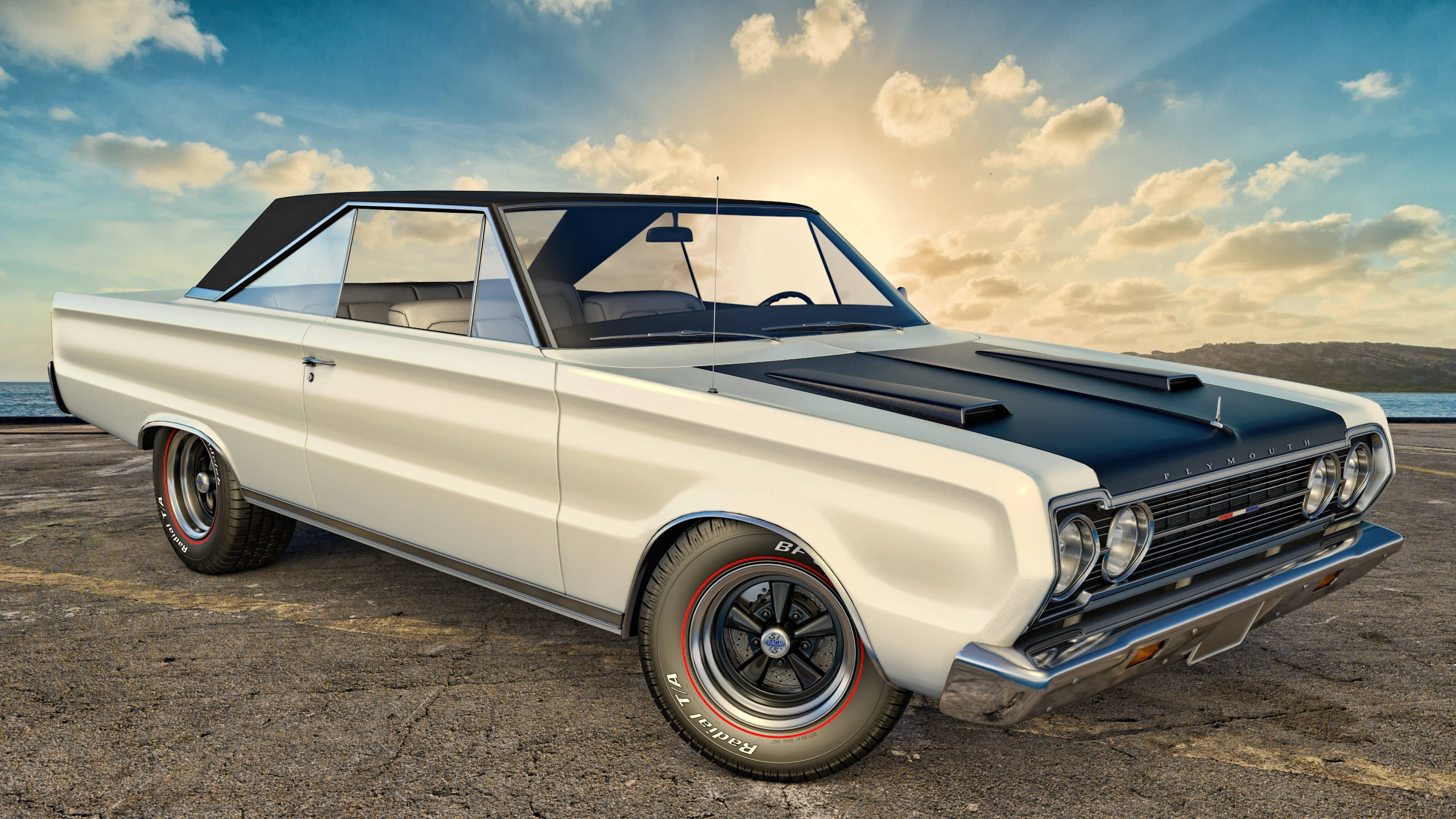 1967 Plymouth Belvedere GTX Convertible, white, black hood, 2K Desktop Wallpaper