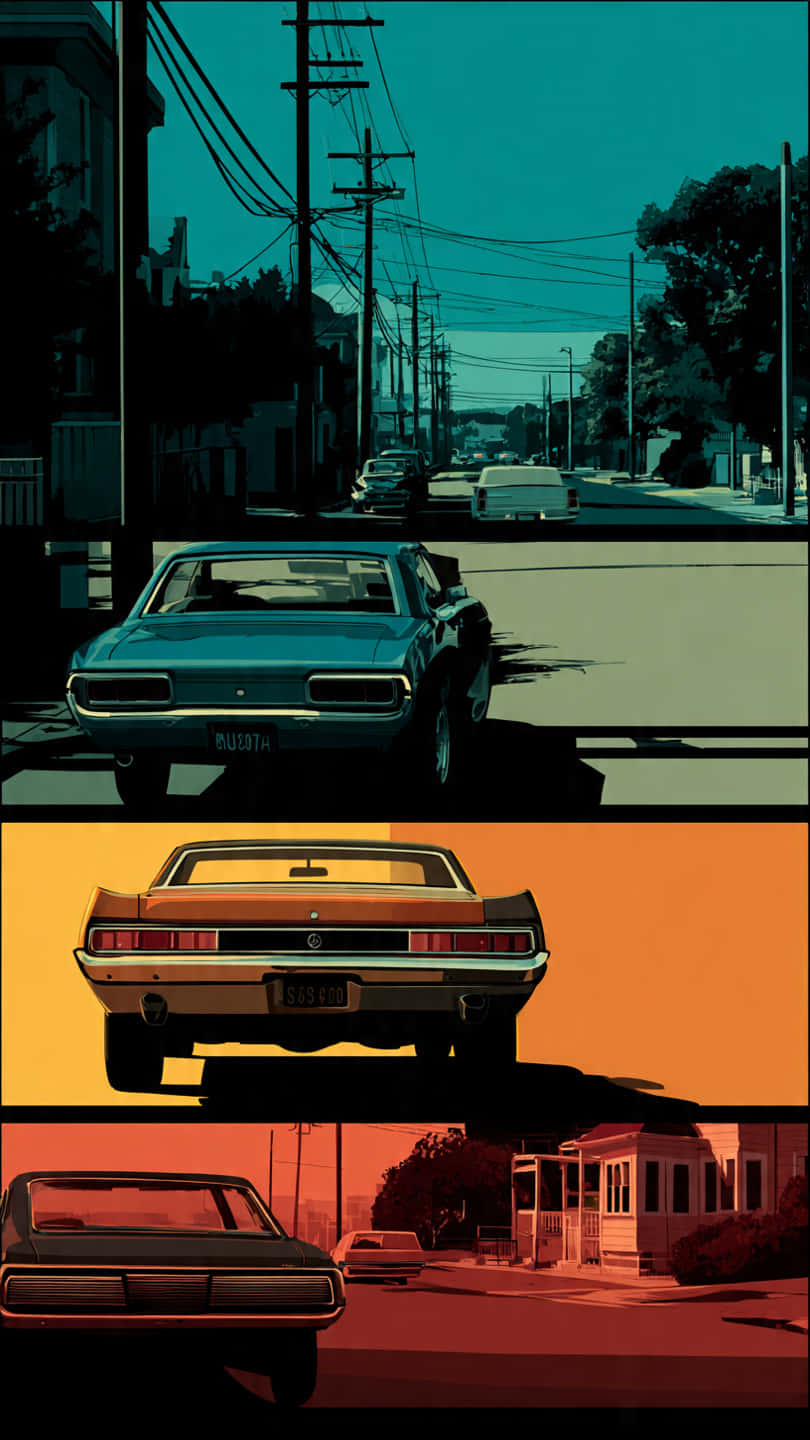 70s vintage cars, comic book, split image, HD Phone Wallpaper